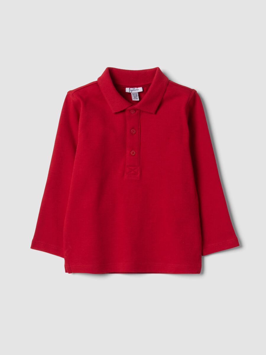 Red long-sleeve polo shirt in pure organic cotton for baby boy_0