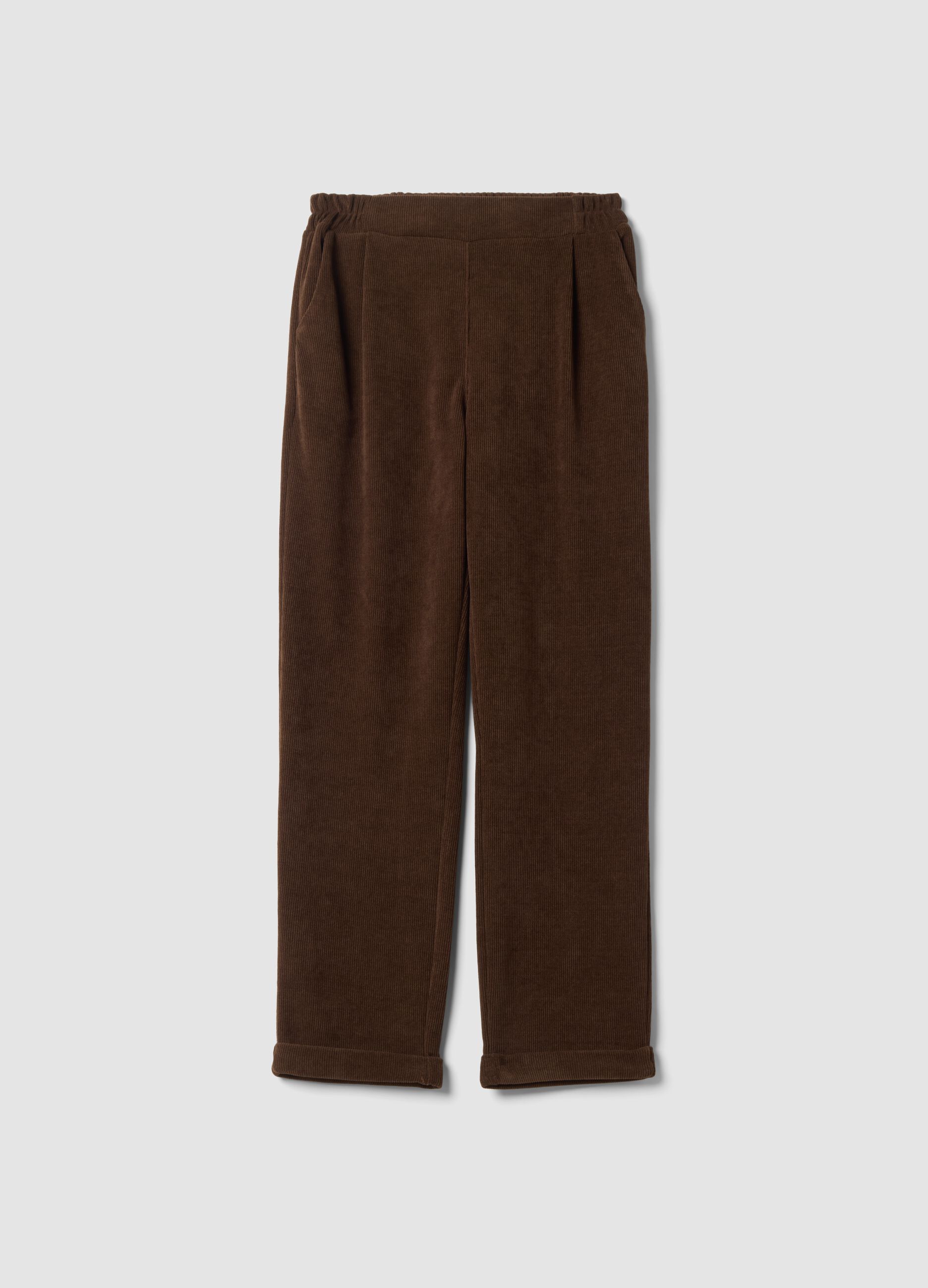 Dark brown ribbed stretch-fabric regular-fit trousers