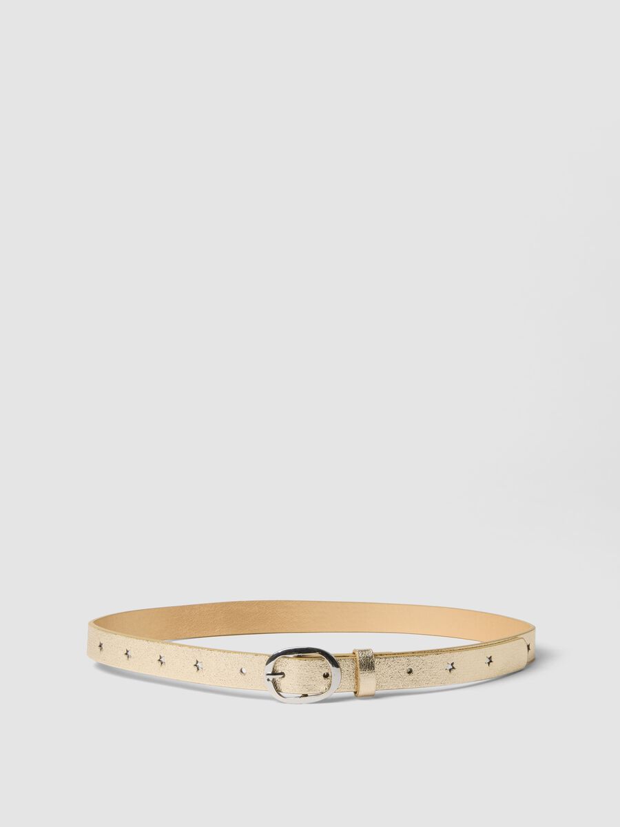 Glossy yellow belt with round buckle and star cut-outs_0