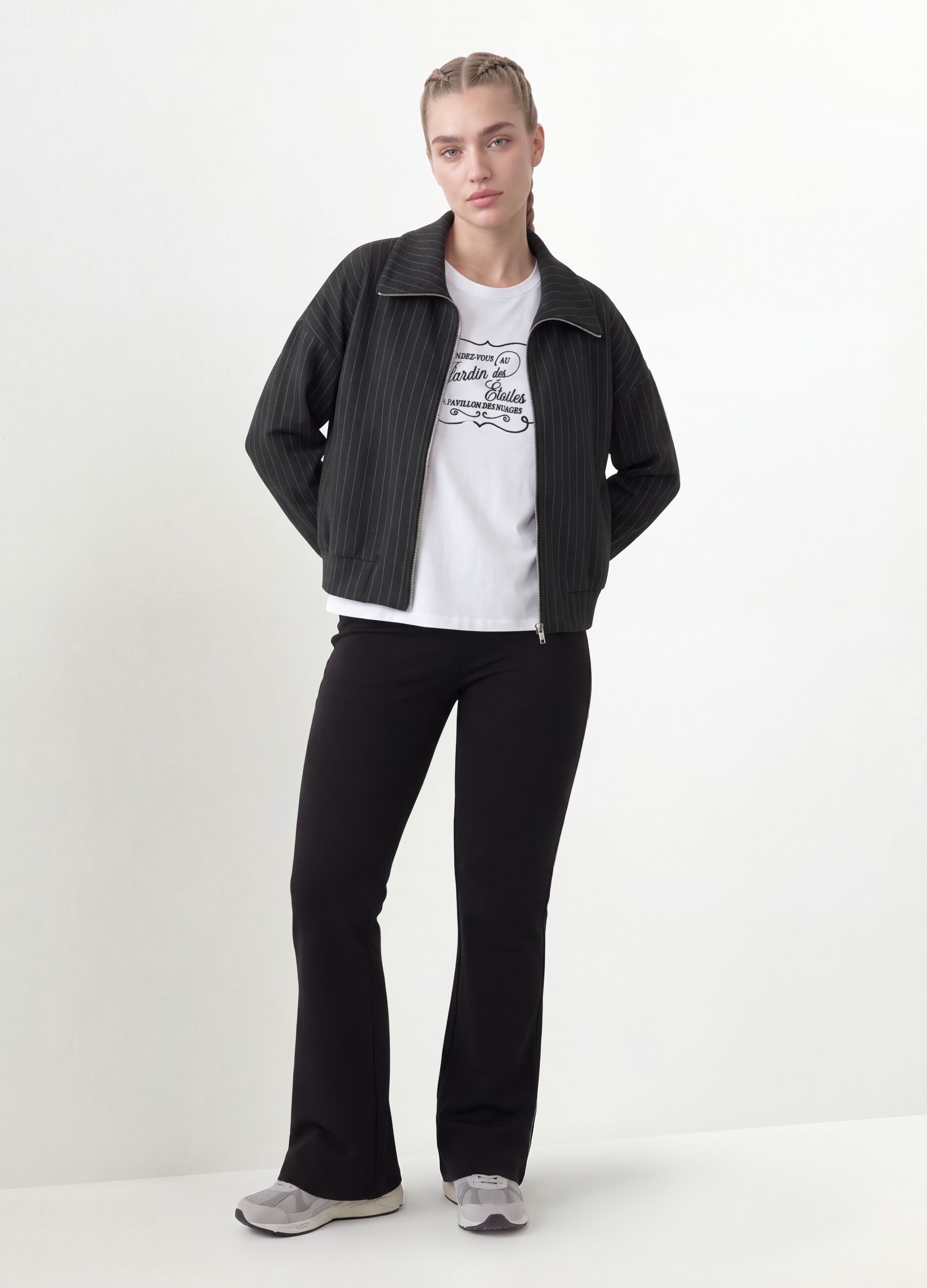 Felpa full zip grigia in viscosa elasticizzata a righe con colletto