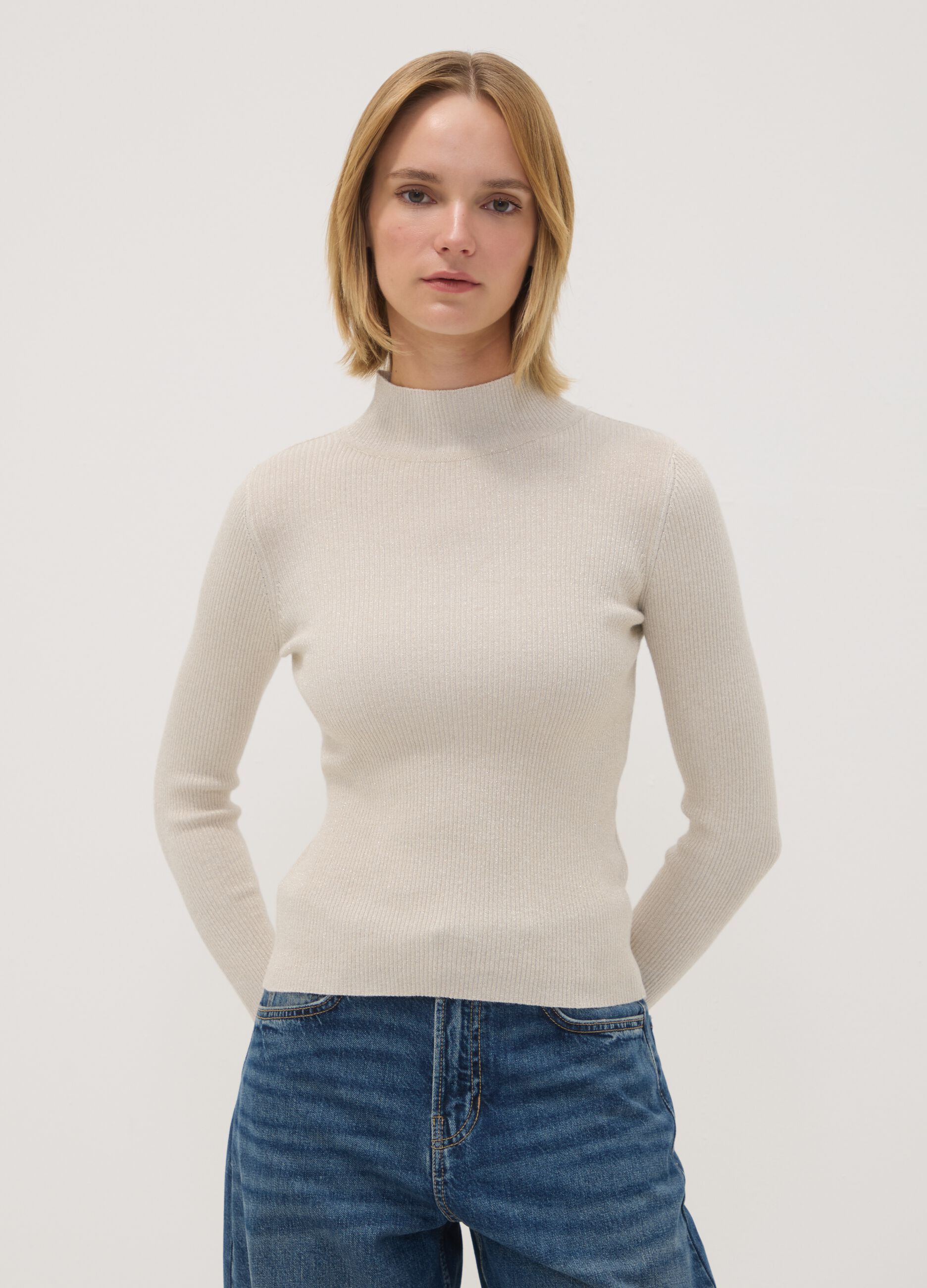 Beige ribbed viscose-blend jumper with high neck