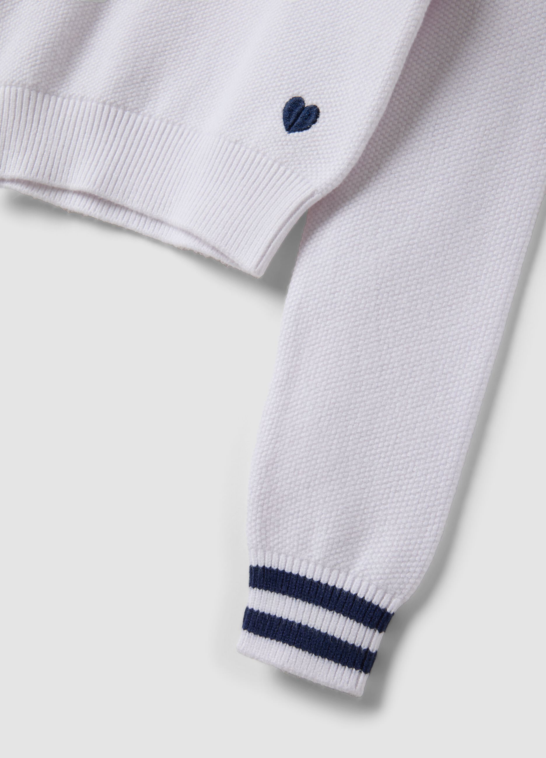 White V-neck viscose-blend jumper with striped trims for girls