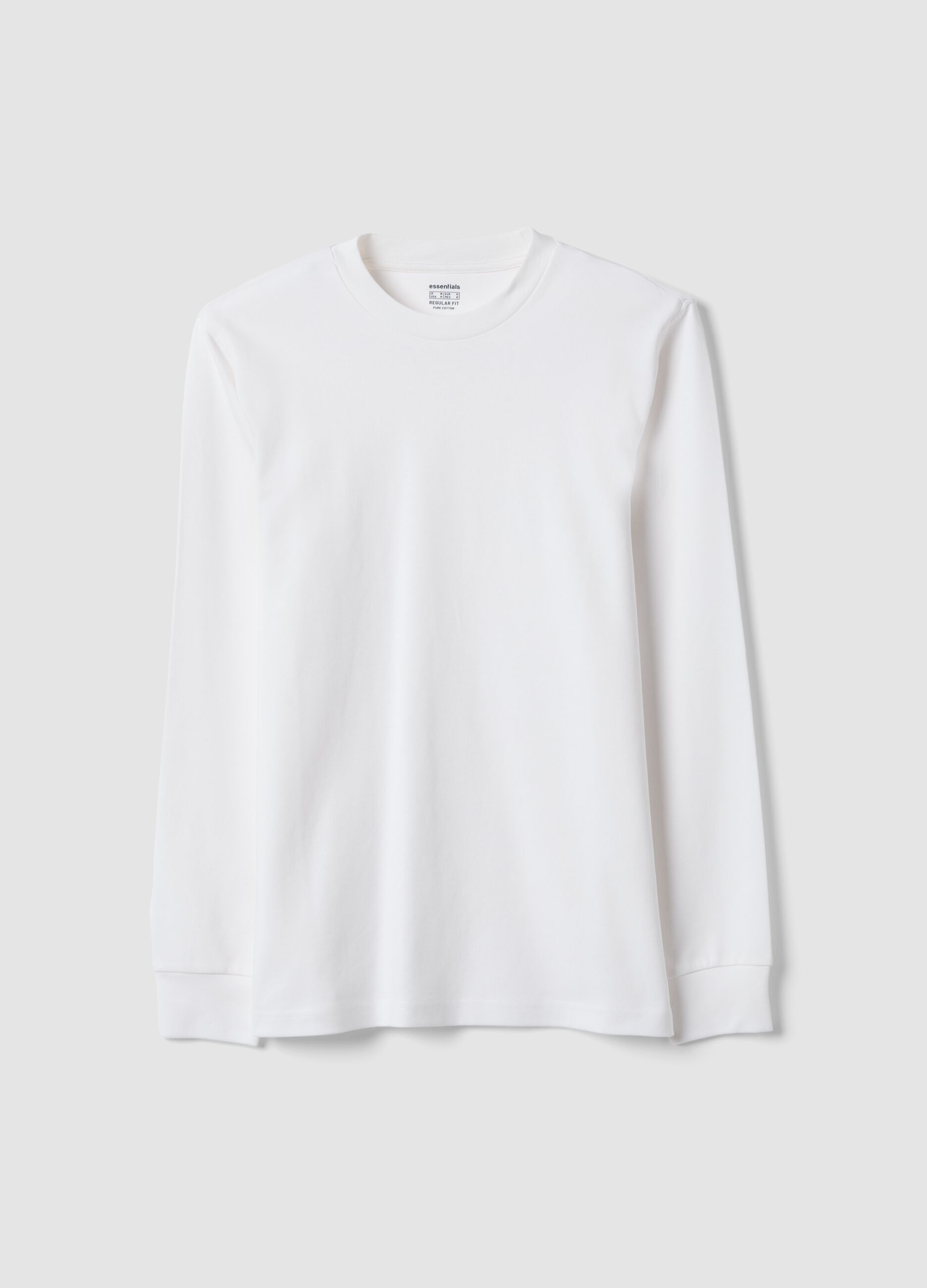 White long-sleeve crew-neck pure cotton T-shirt, regular fit