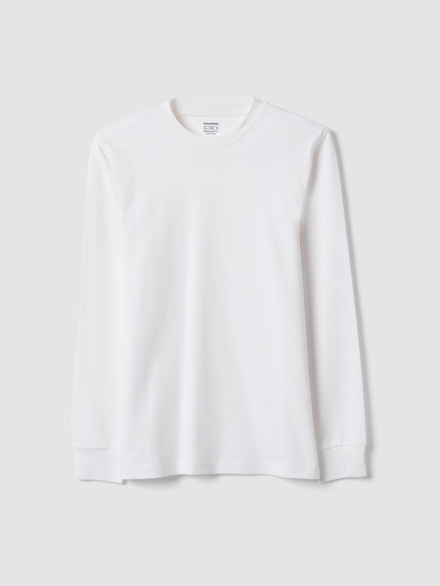 White long-sleeve crew-neck pure cotton T-shirt, regular fit_0