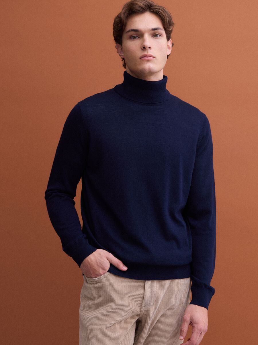 Navy blue pure merino wool turtleneck jumper, regular fit_0