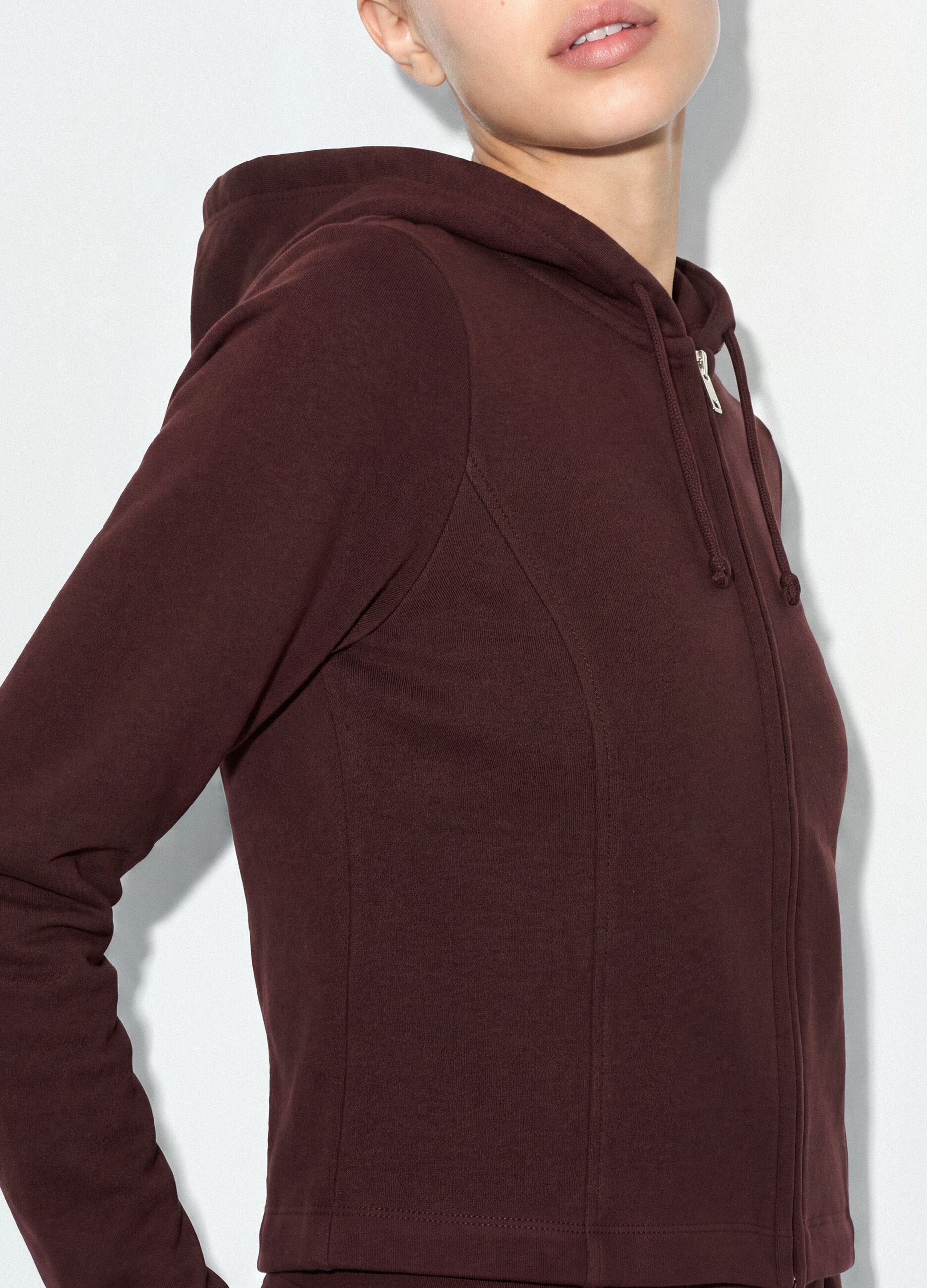 Brown full-zip pure cotton fitted hoodie