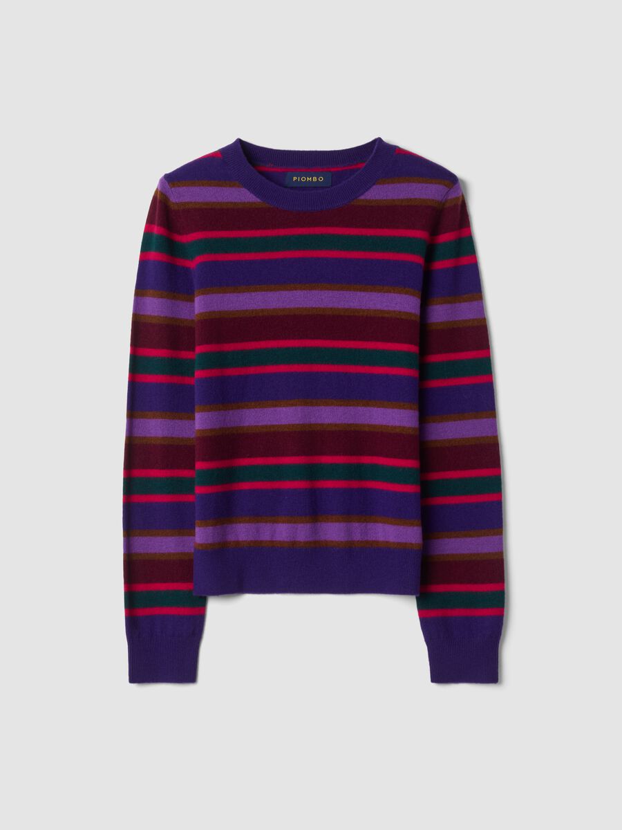 Maglia girocollo in pura lana viola scuro a righe colorate regular fit_0
