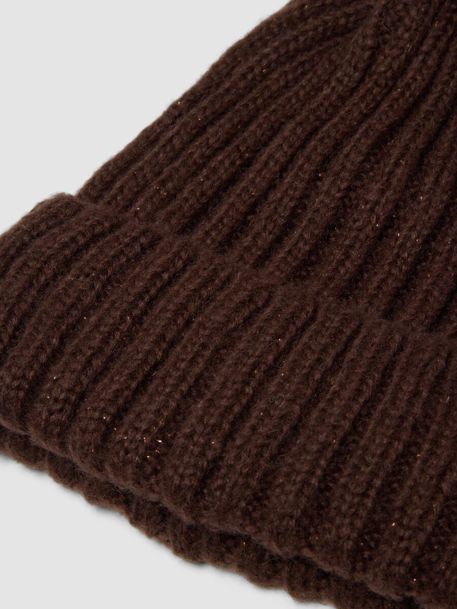 Dark brown ribbed beanie with pom‑pom_1