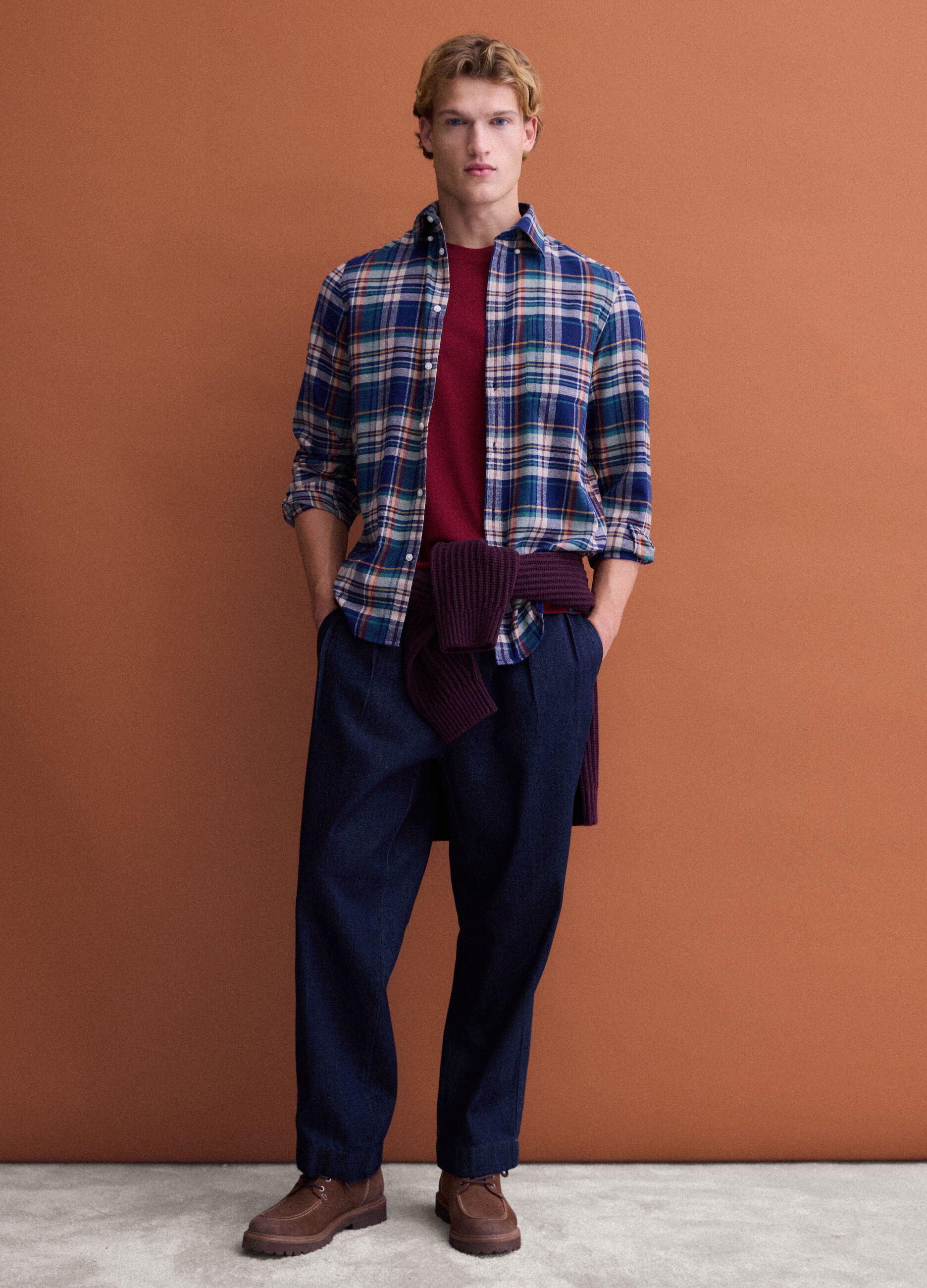Blue and green checked pure cotton flannel shirt, regular fit