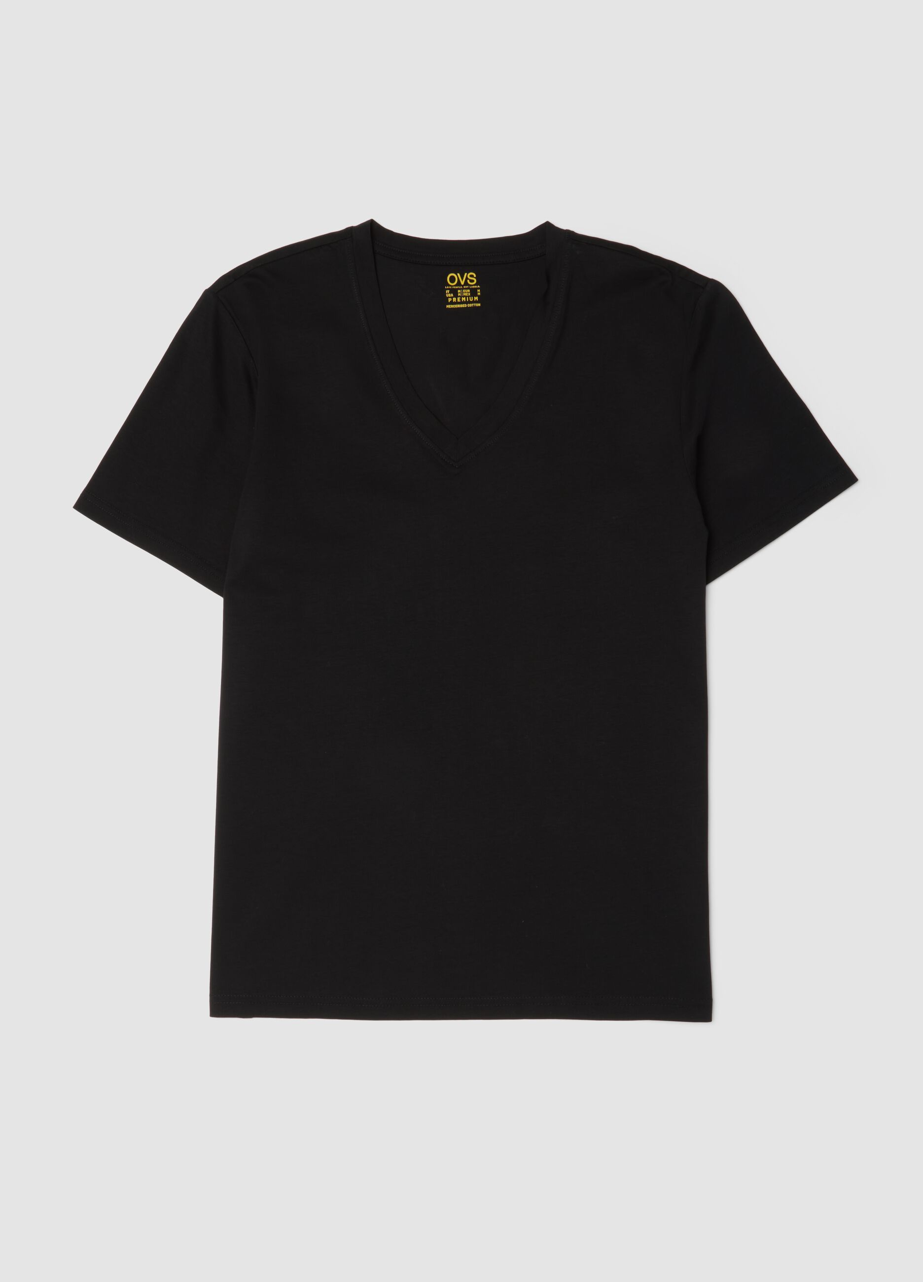 Black mercerised pure cotton T-shirt with deep V-neck