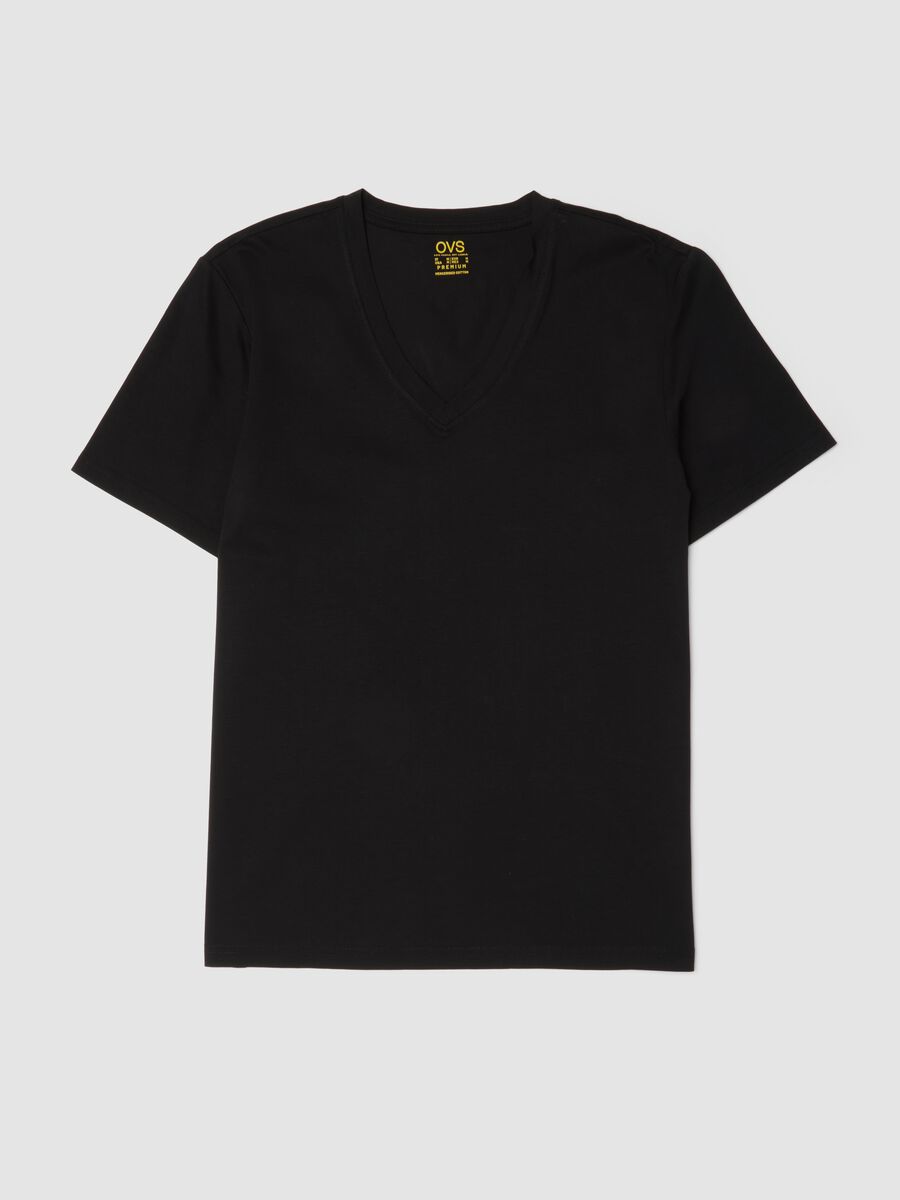 Black mercerised pure cotton T-shirt with deep V-neck_0