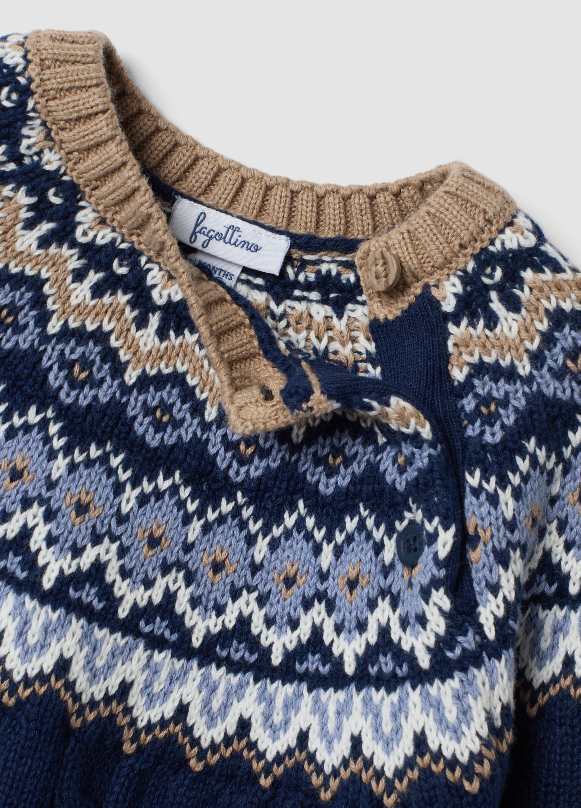 Blue jacquard regular-fit cable-knit jumper in pure organic cotton