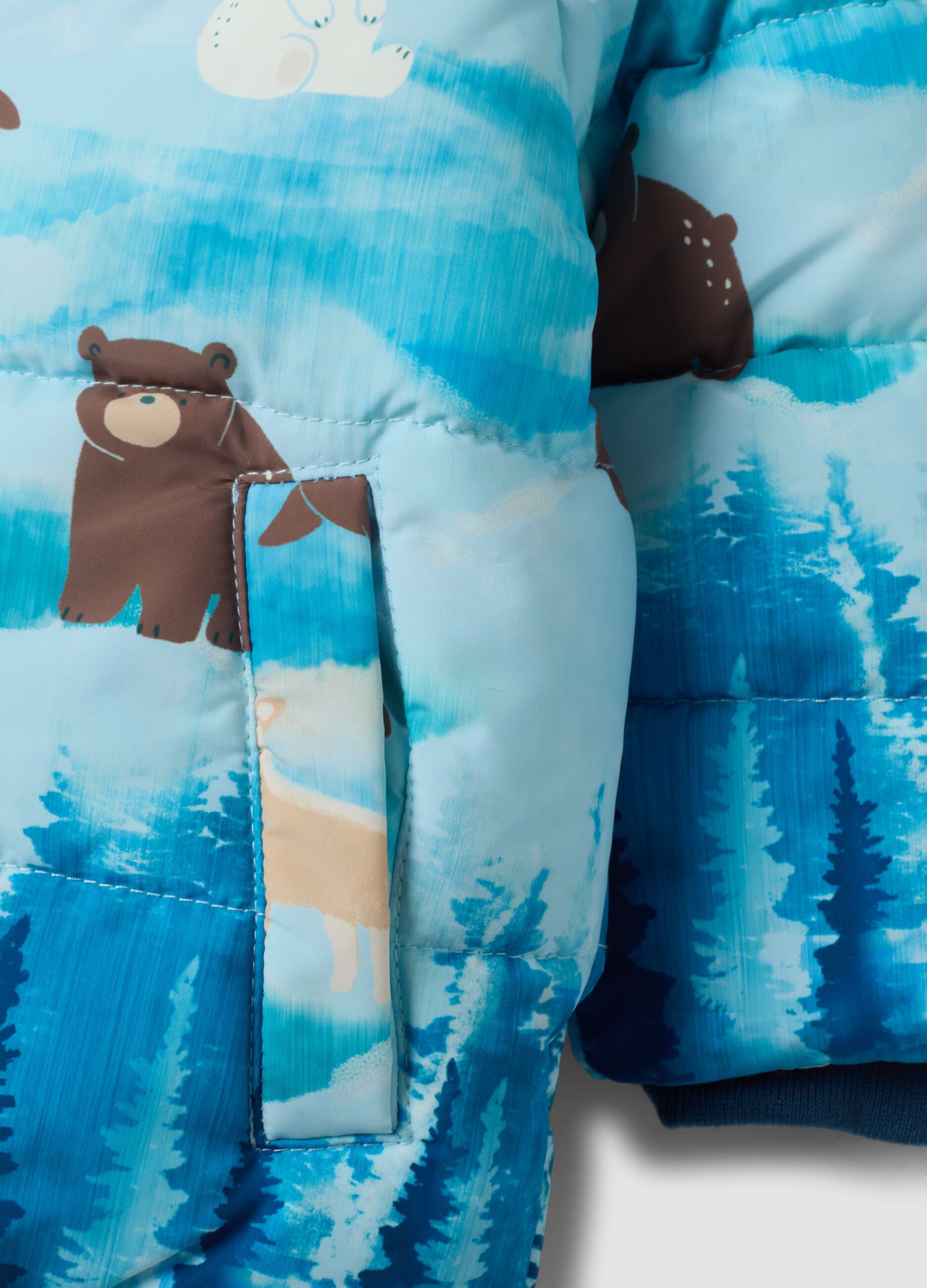 Blue padded hooded jacket with animal print, regular fit
