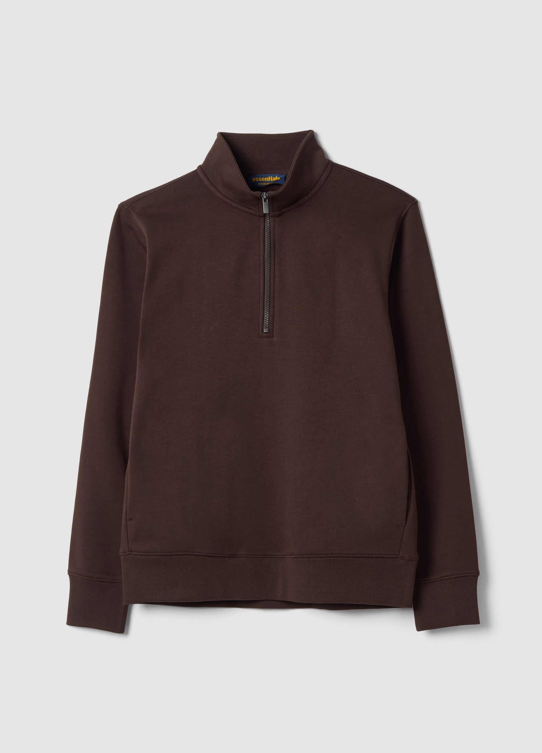 Brown cotton-blend half-zip crew-neck