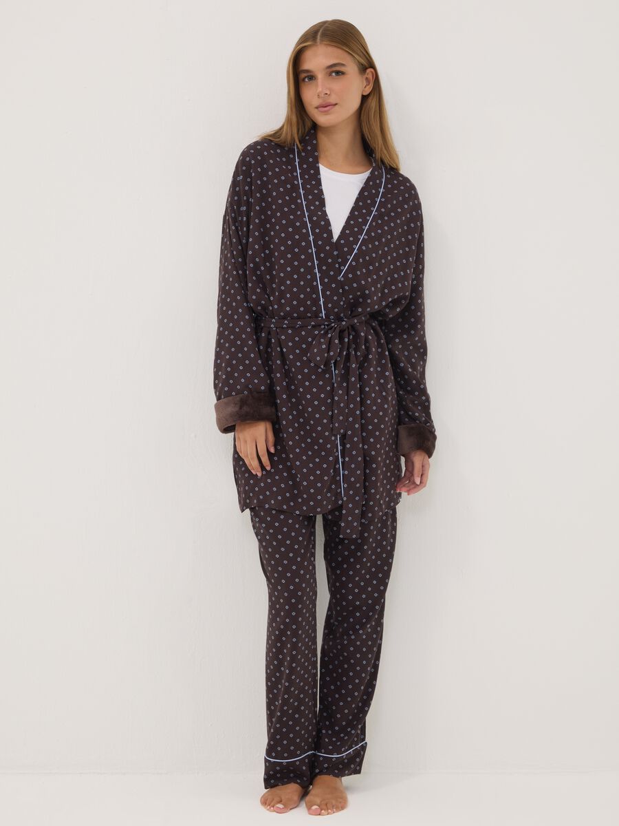 Brown pure viscose dressing gown with micro-floral print_0