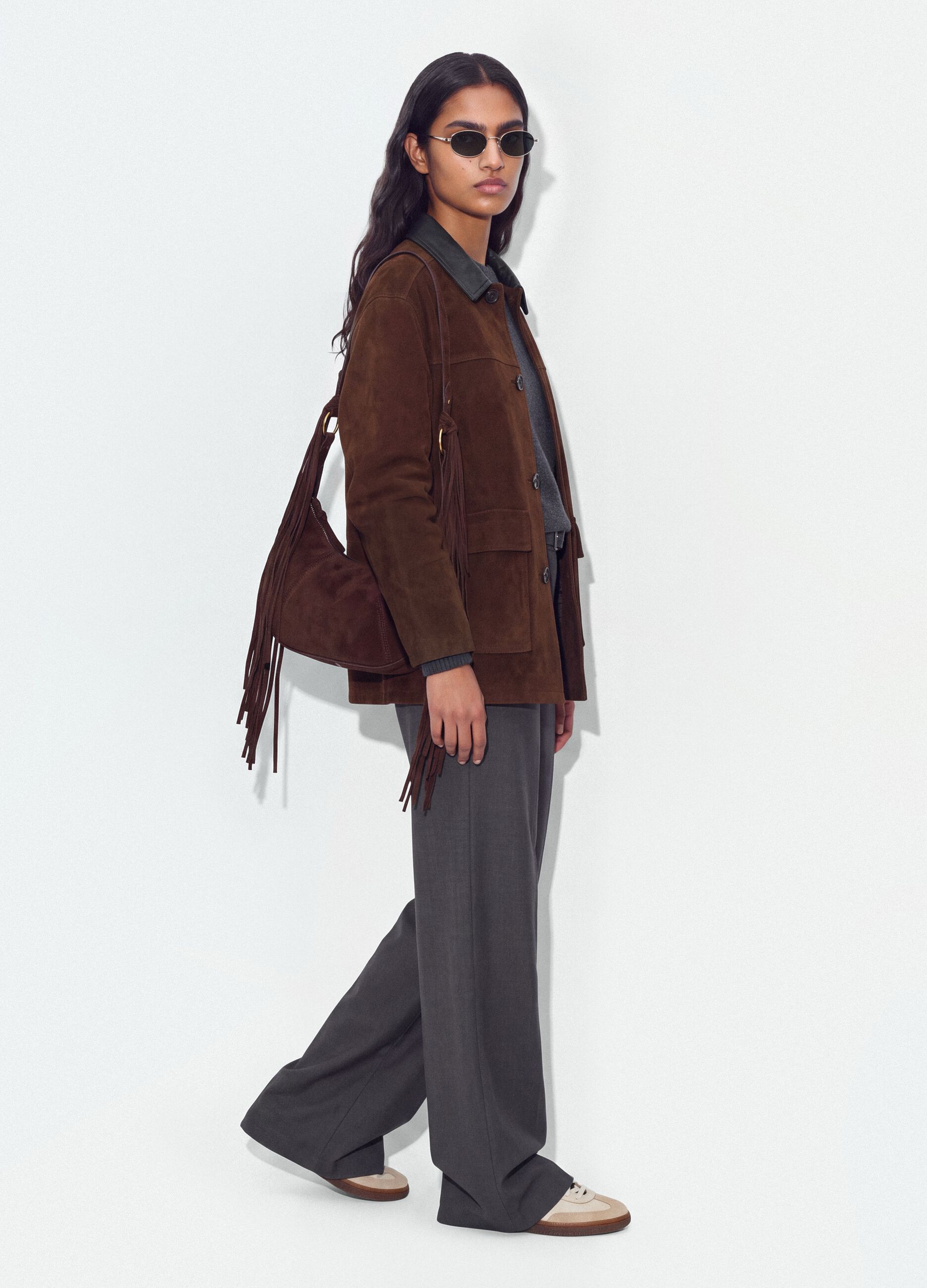 Grey formal stretch-viscose trousers with belt