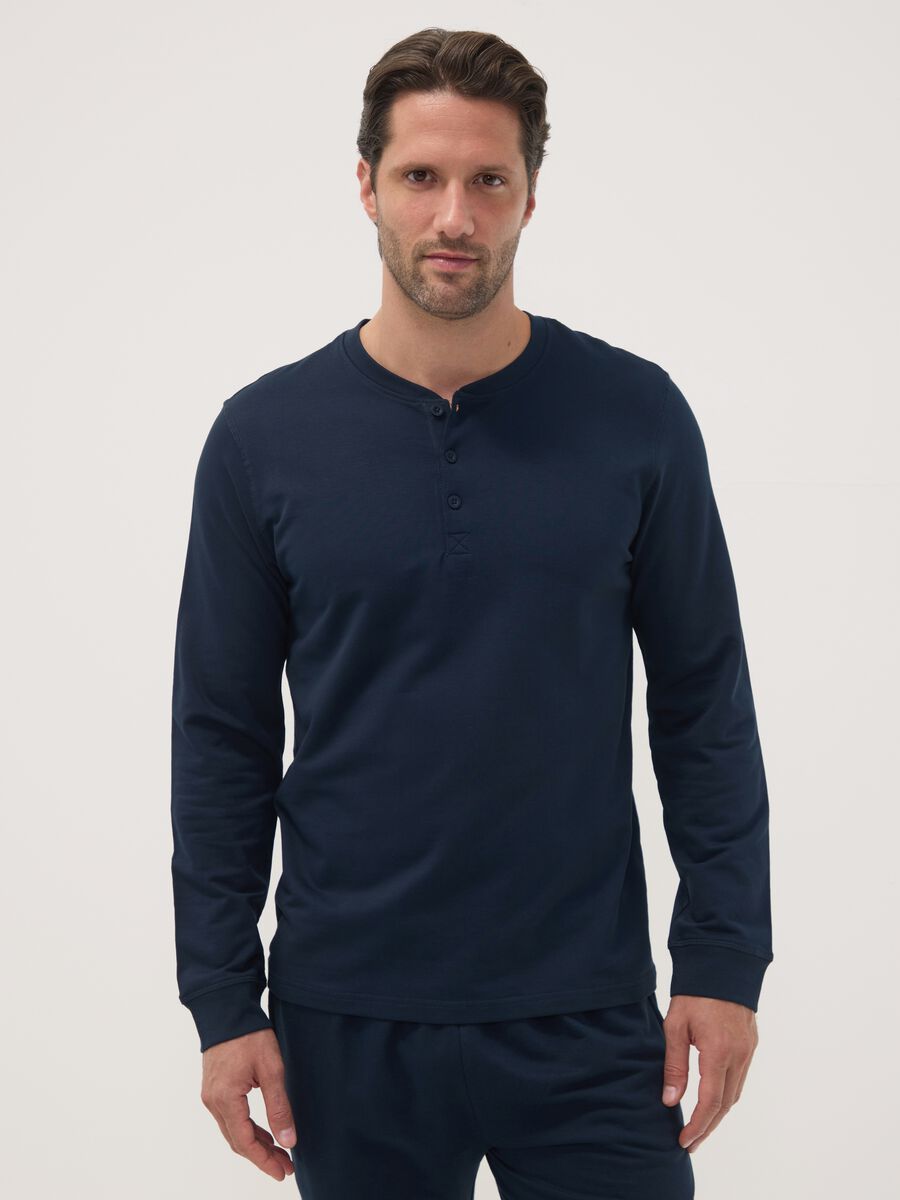 Blue pure cotton pyjamas with Henley neckline_1