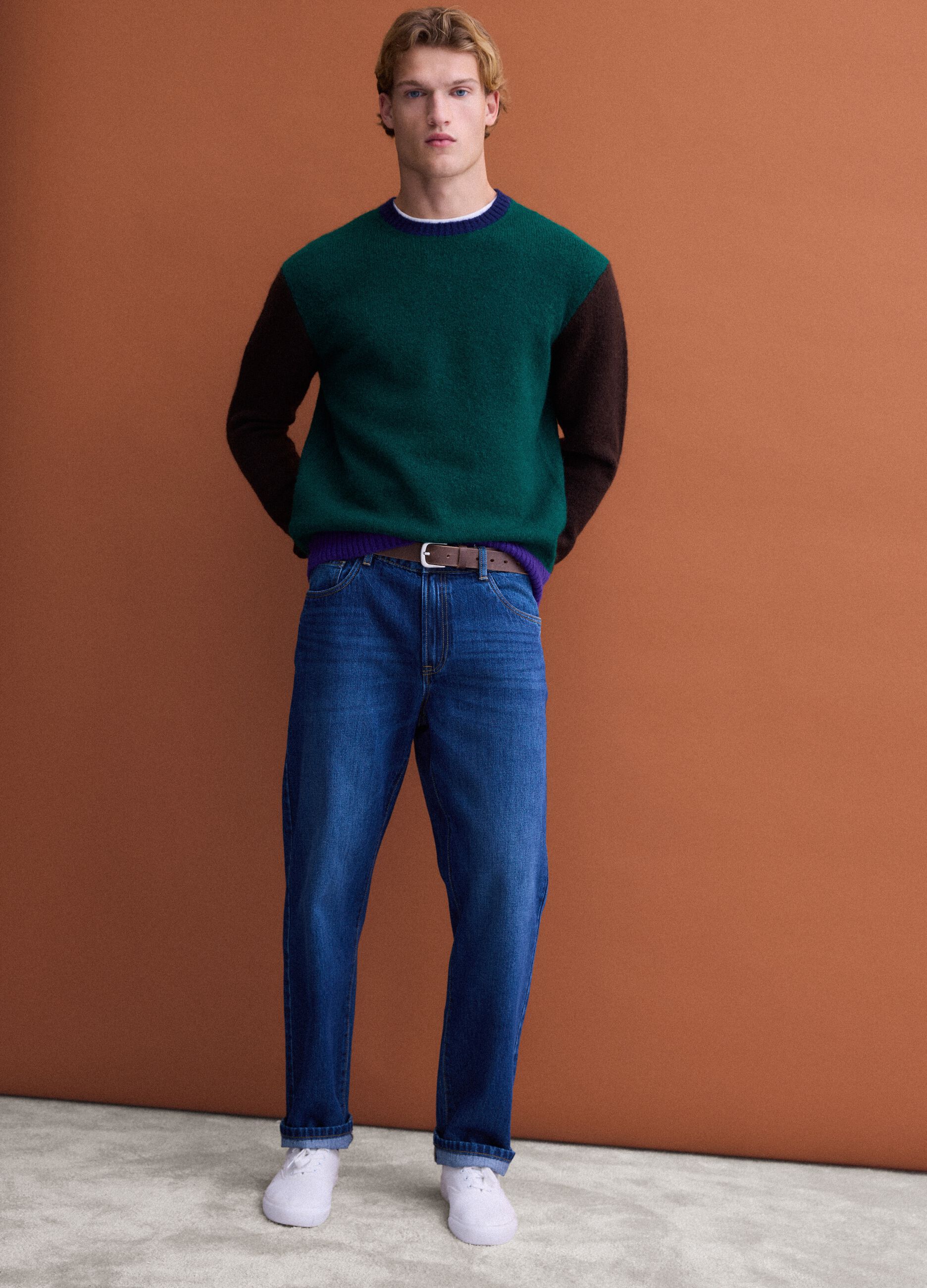 Green crew-neck jumper in stretch wool and alpaca, regular fit