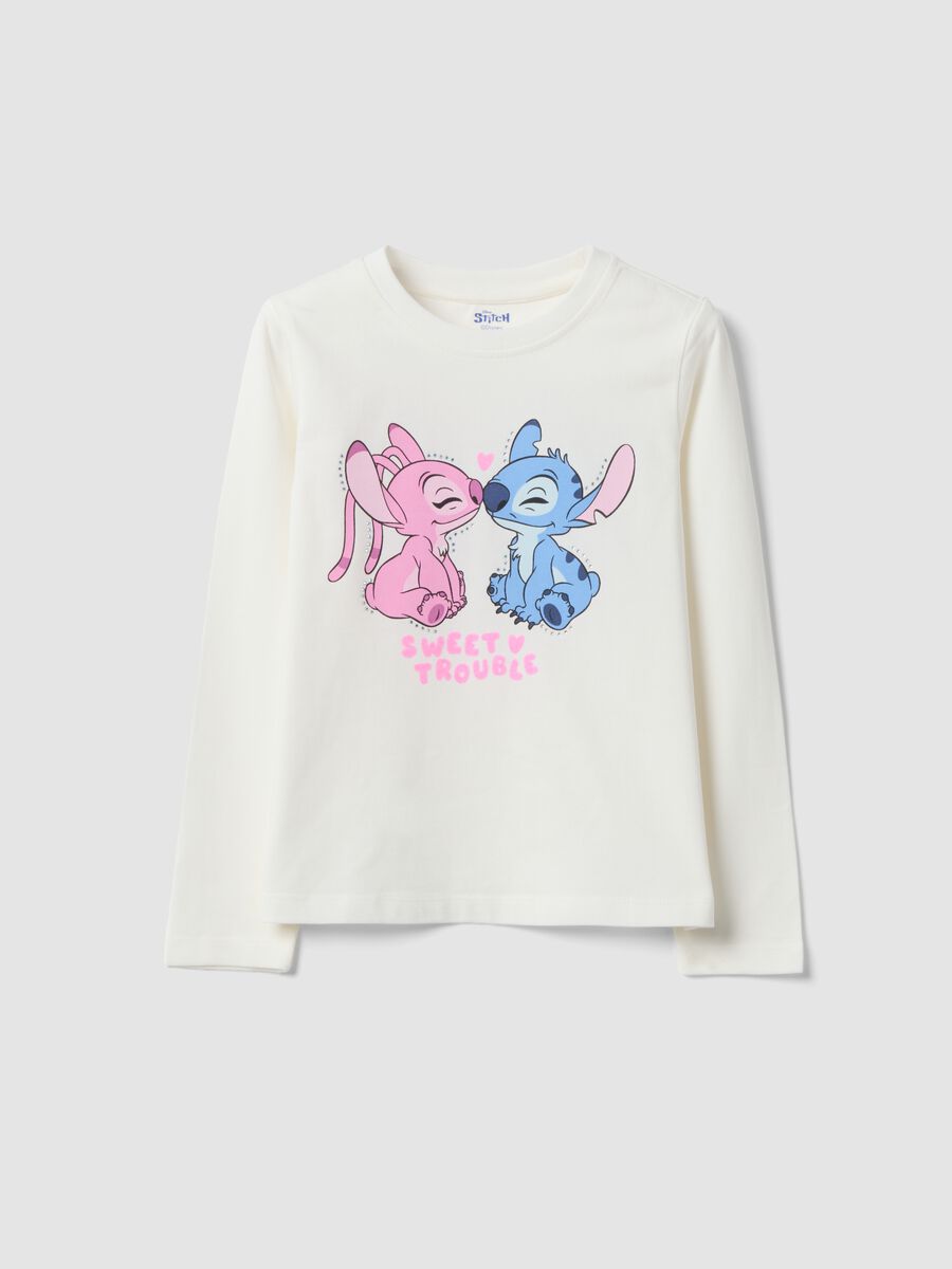 White stretch cotton T-shirt with Lilo & Stitch print for girls_0