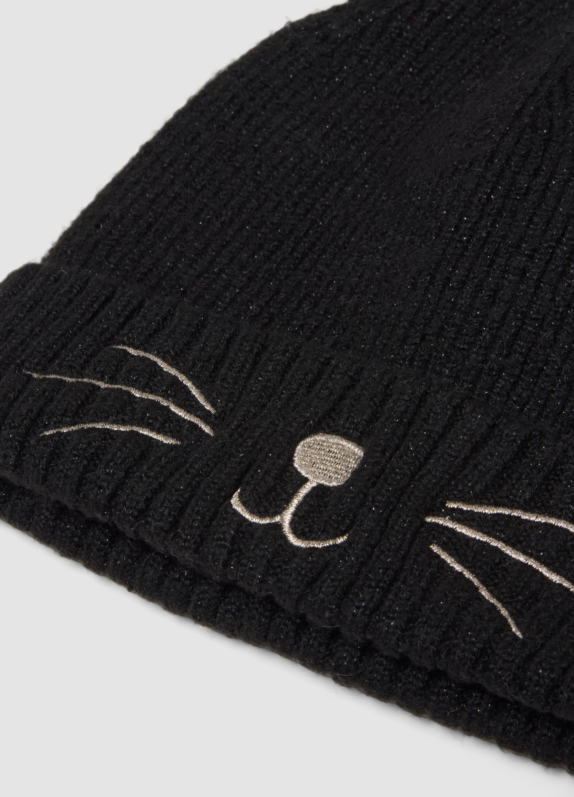 Black stretch fabric beanie with ears