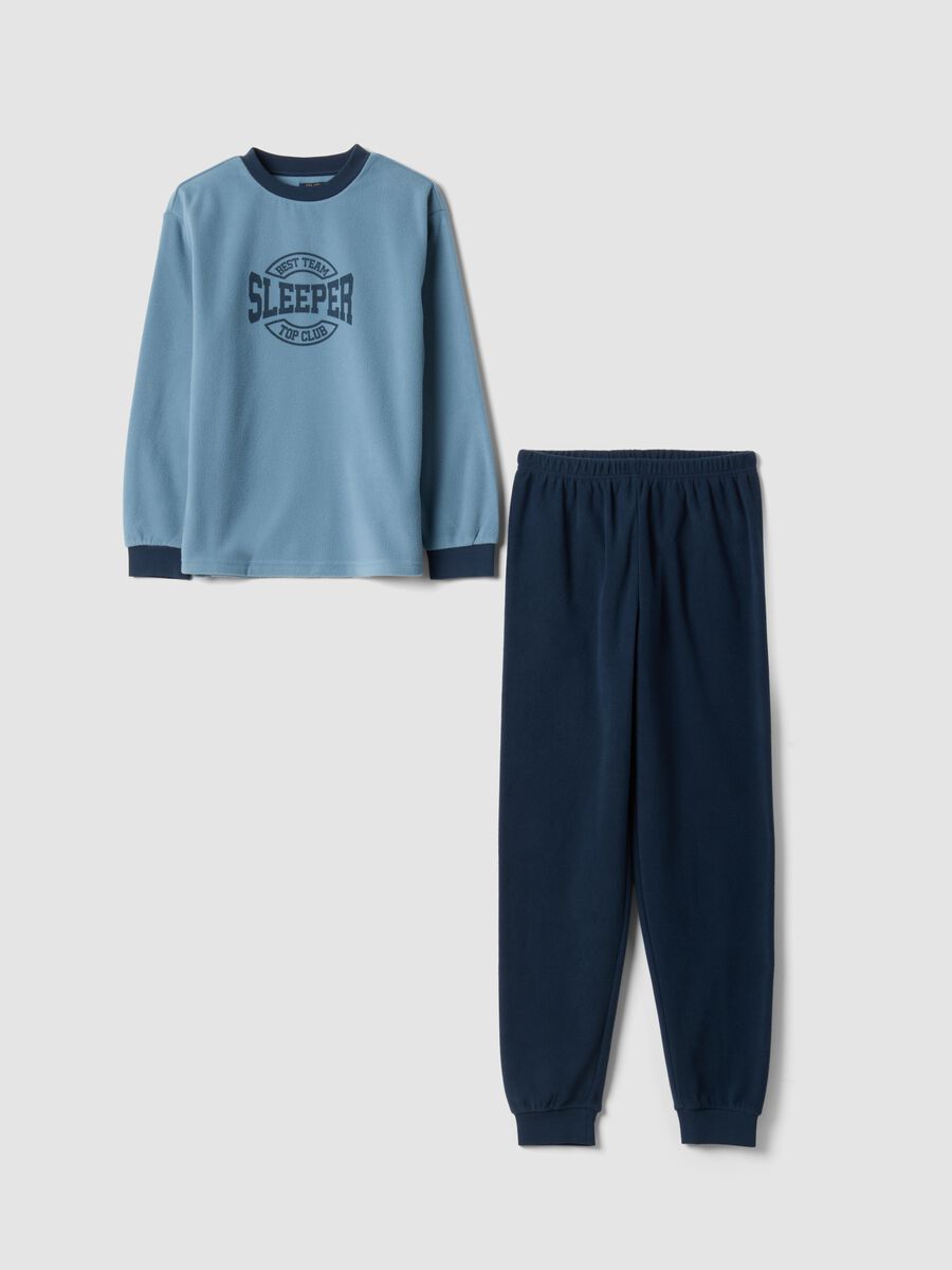 Blue crew-neck fleece pyjamas with long trousers, regular fit_0