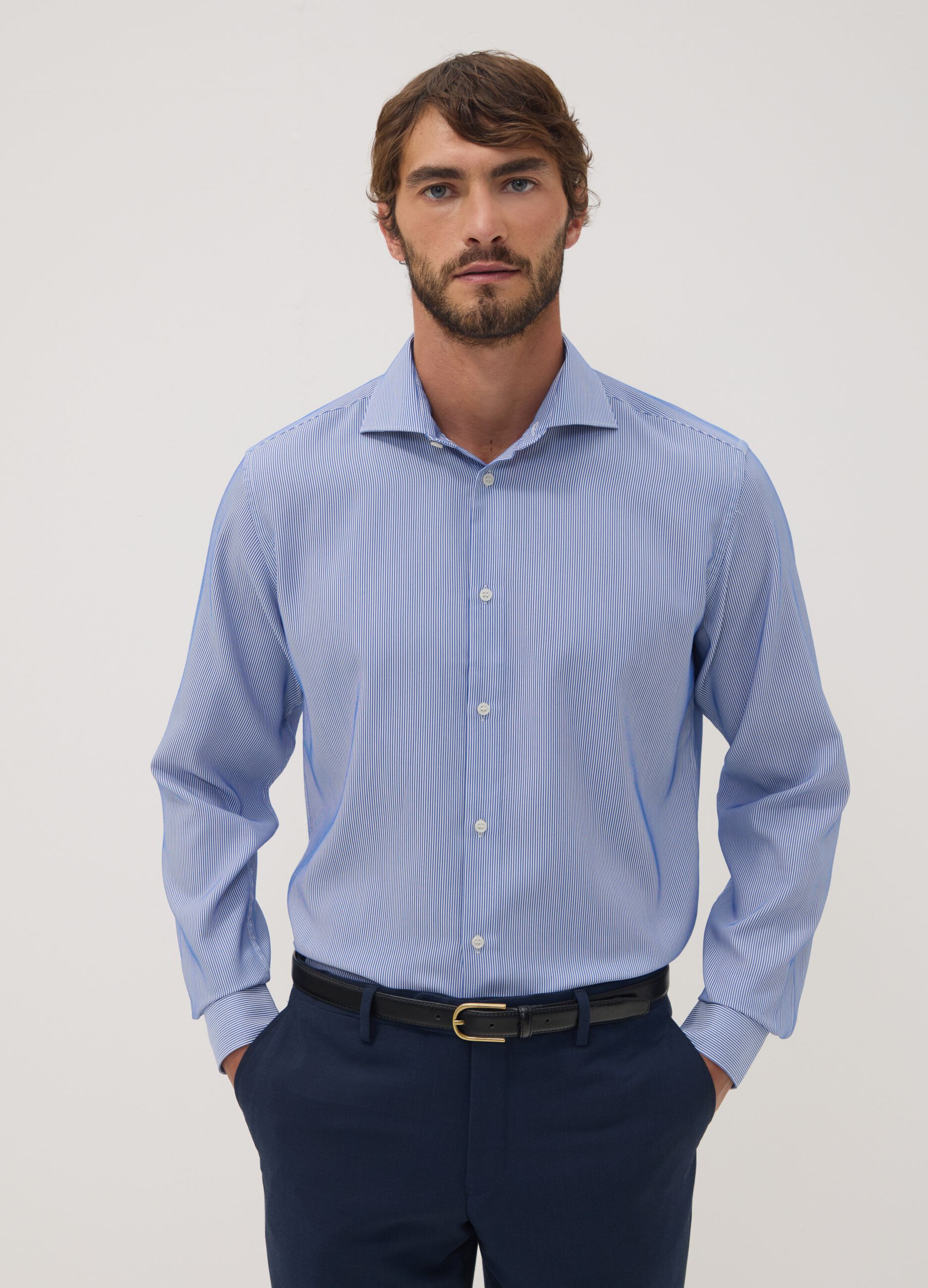 Camicia bianca e blu in dobby di misto lyocell a righe slim fit Easy Iron