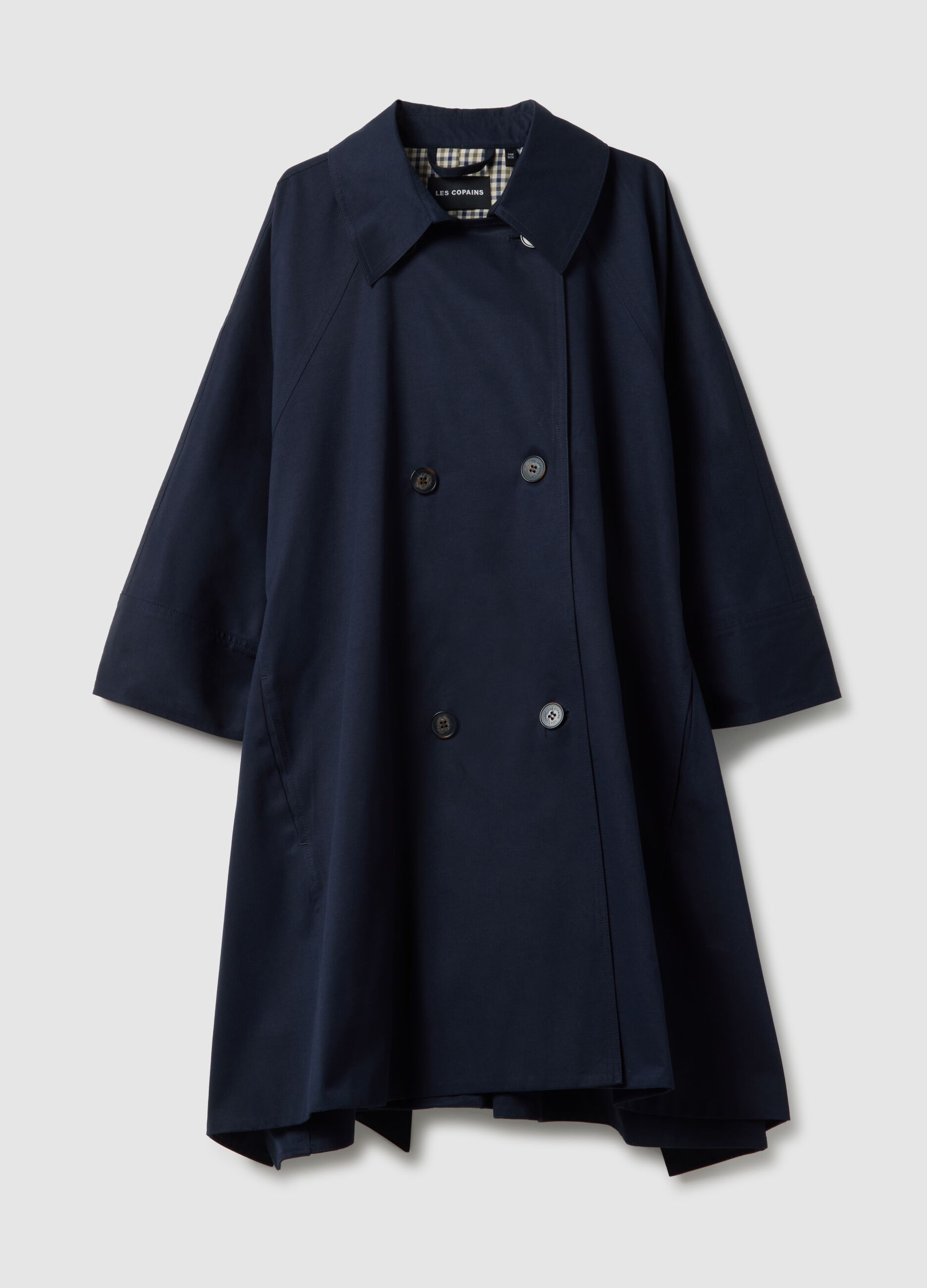 Long blue cotton blend coat with oversized fit