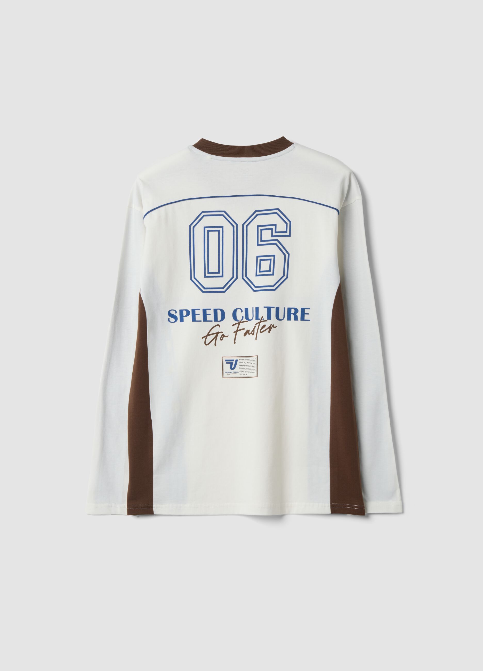 White pure cotton crew-neck T-shirt with racing print