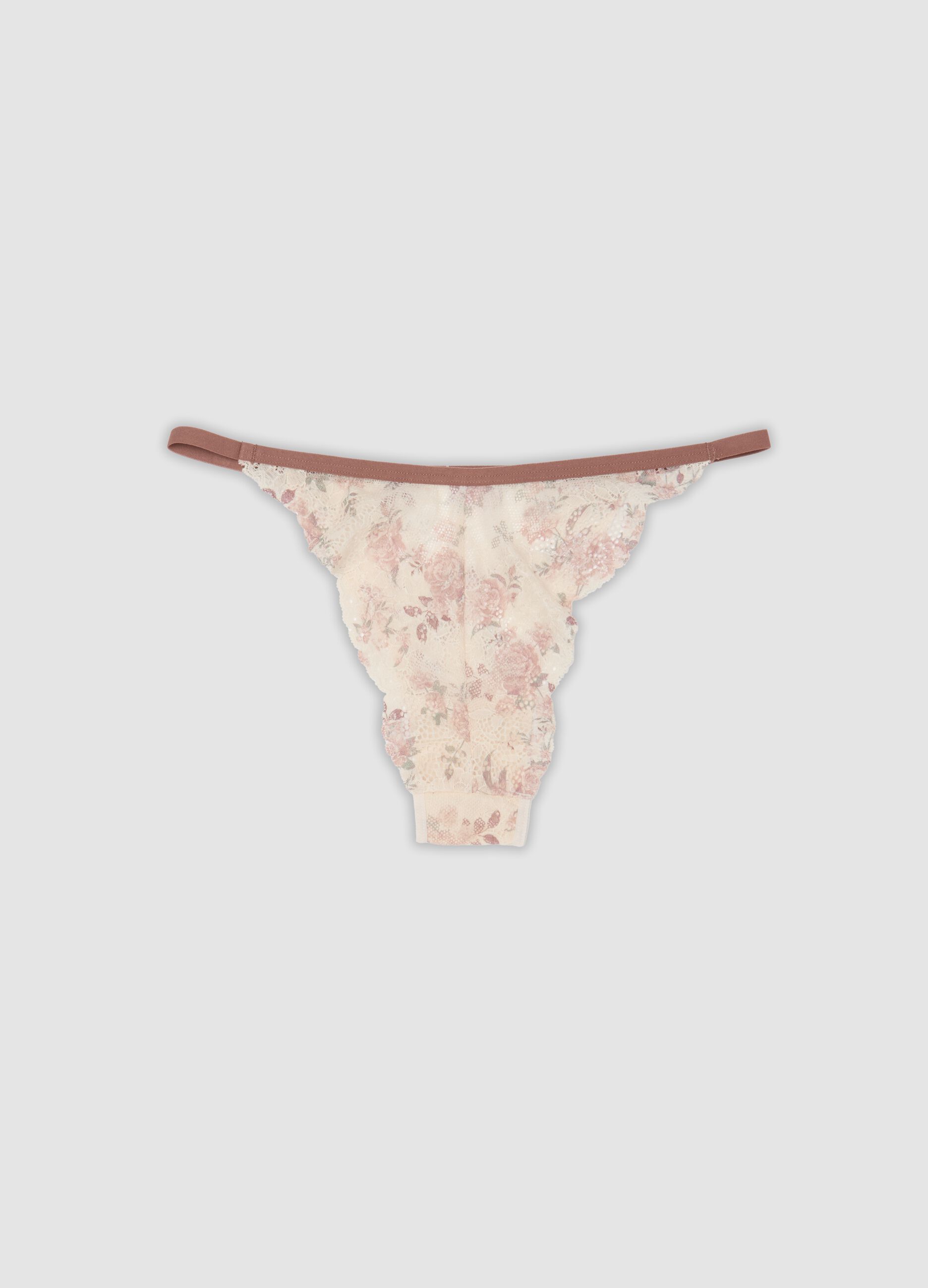 Slip beige in cotone organico con stampa floreale e pizzo