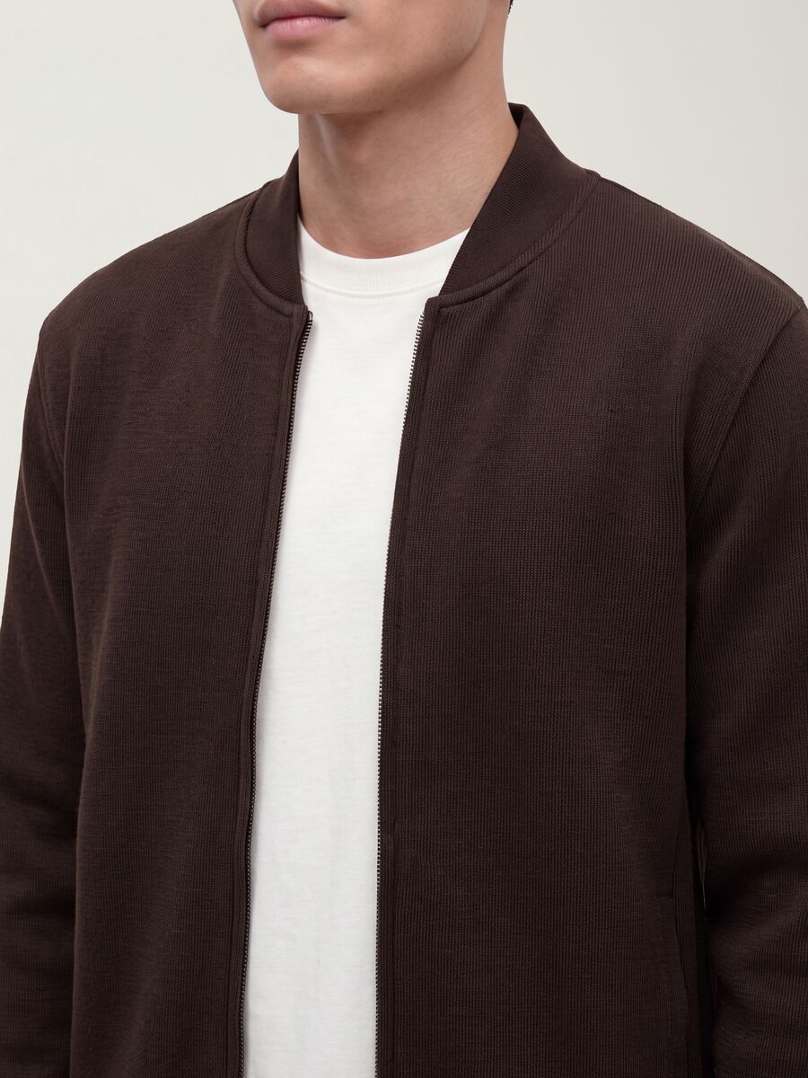 Brown full-zip sweatshirt in stretch piqu&eacute; with ribbed collar_1