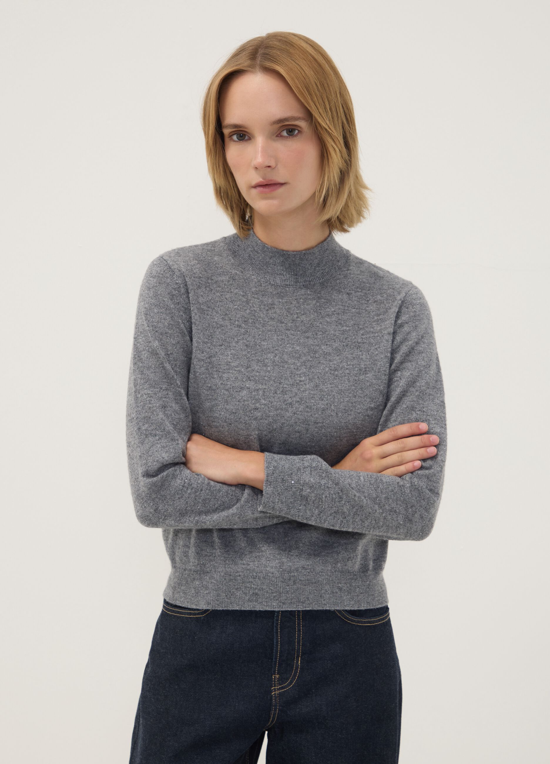 Grey wool-blend jumper with mock neck