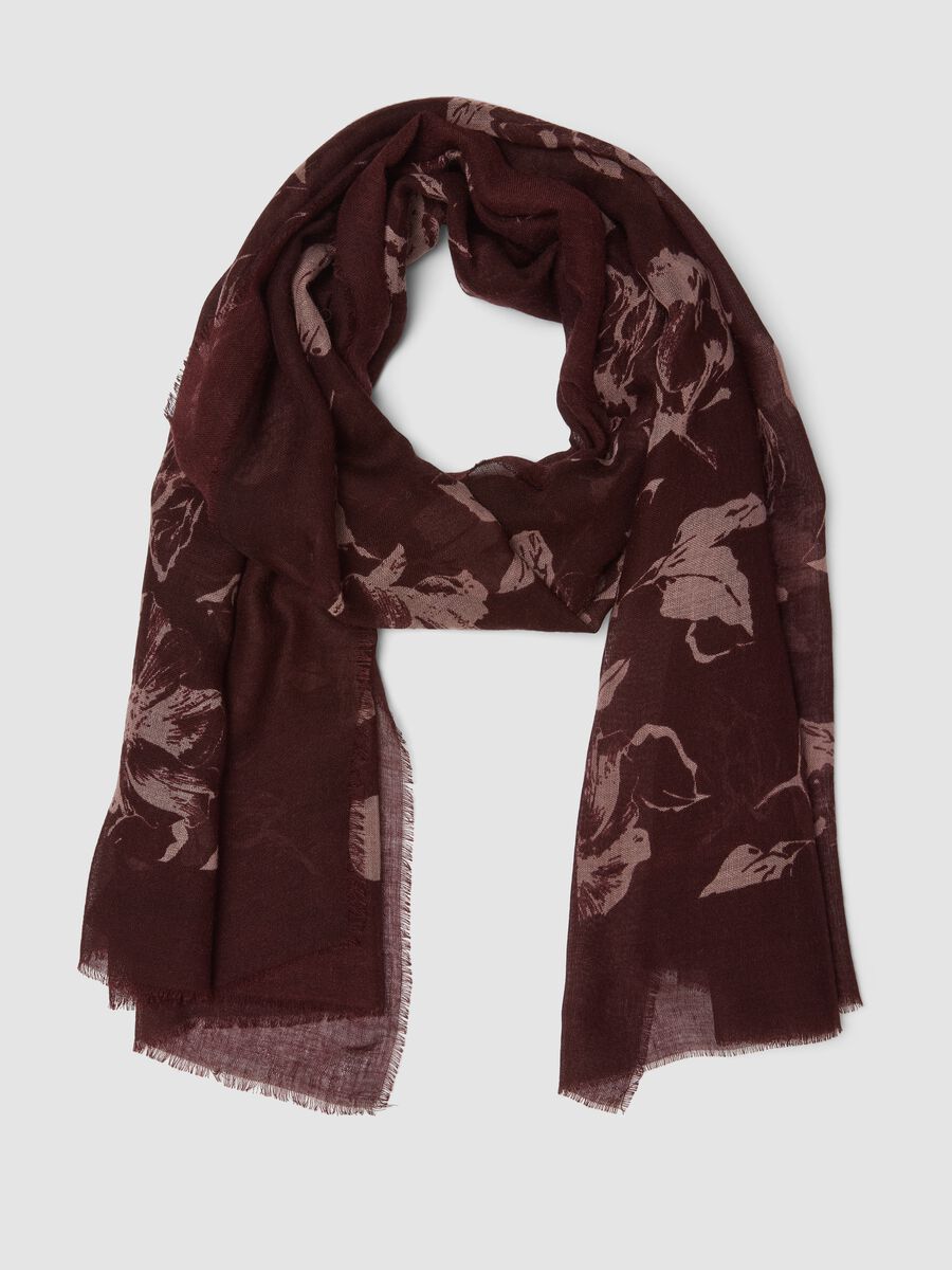Brown wool-blend scarf with floral pattern_0