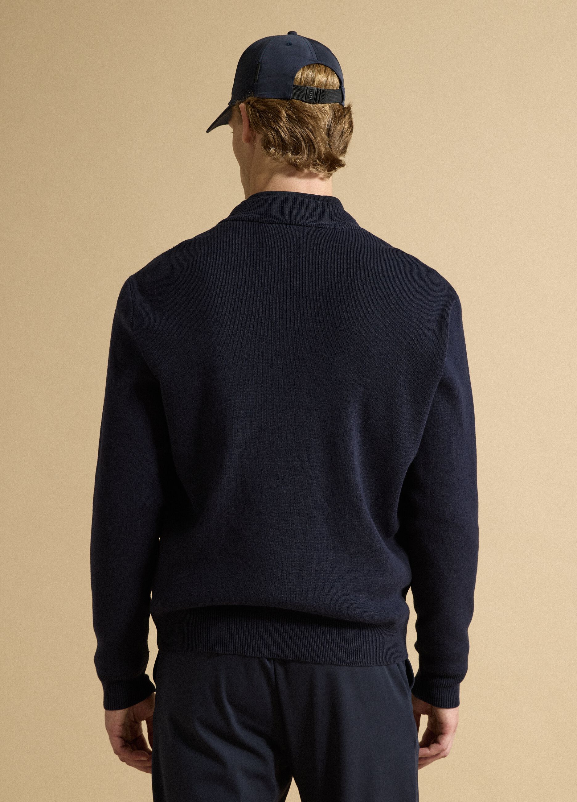 Blue pure cotton zip jacket with knitted sleeves, regular fit