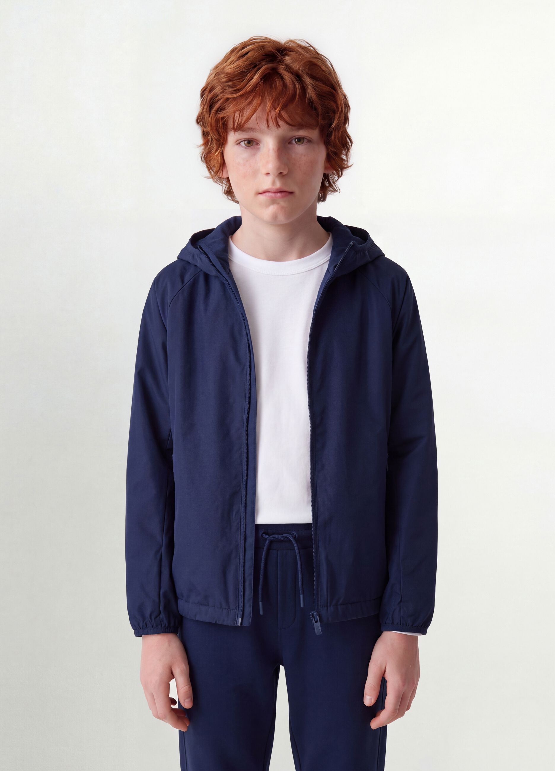 Blue boys&rsquo; rain jacket with hood and zip