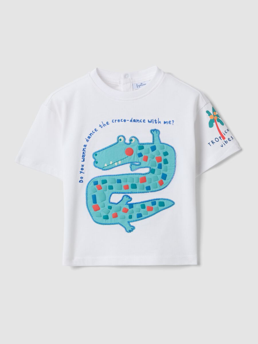 White short-sleeve pure cotton T-shirt with crocodile print for baby boy, oversized fit_0
