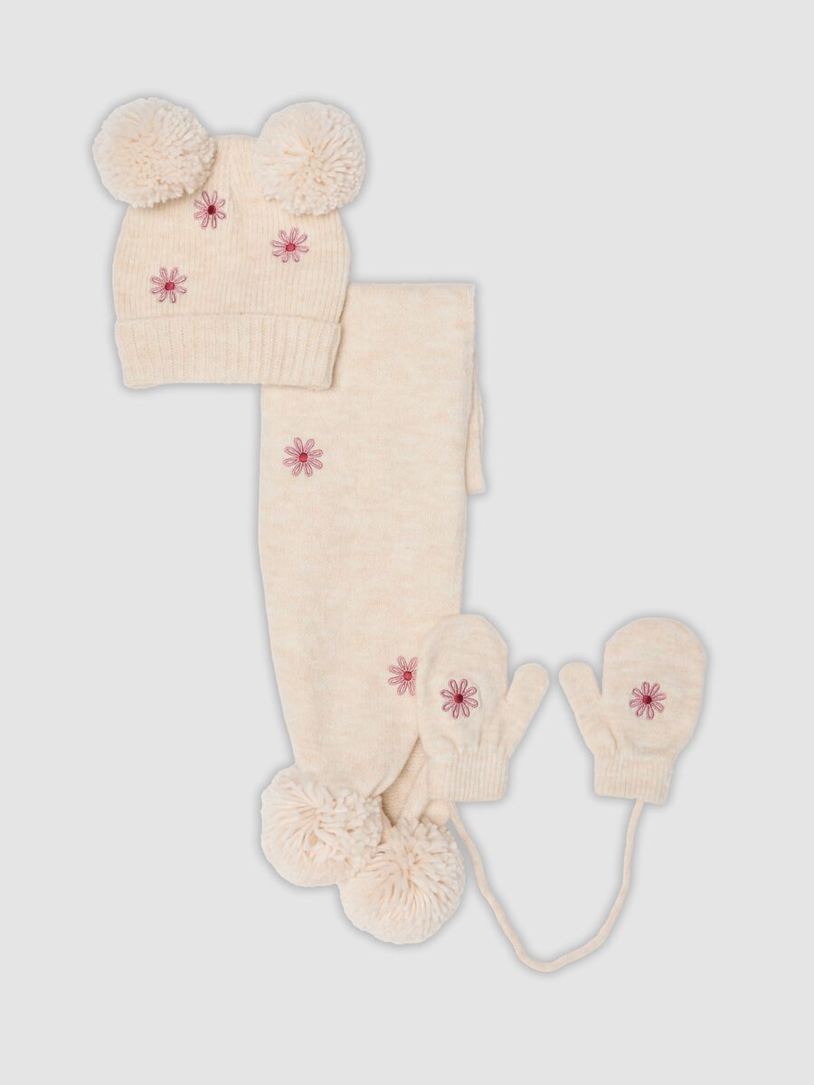 Beige stretch-fabric hat, scarf and mittens set_0