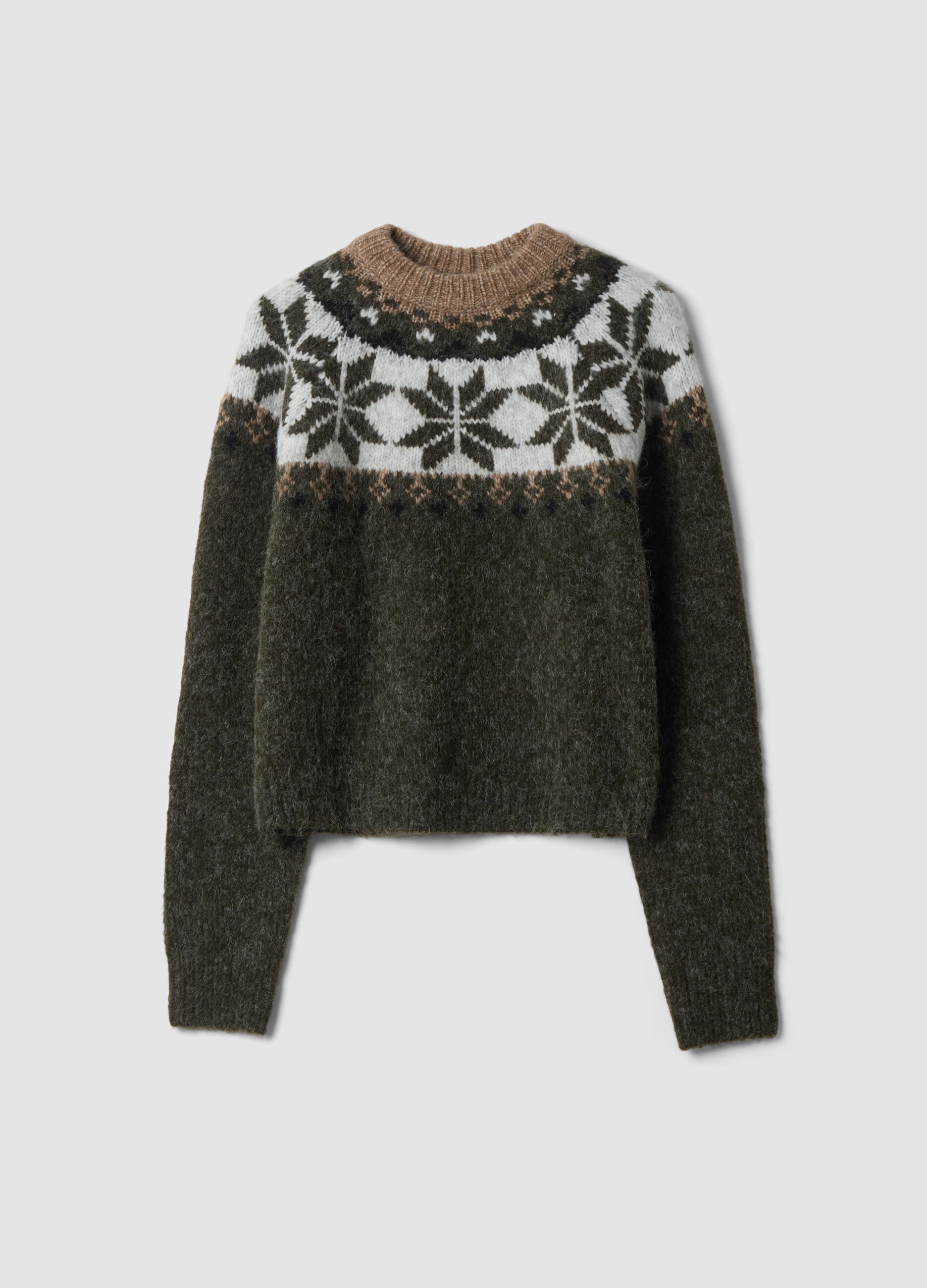 Brown wool-blend jumper with jacquard mock neck