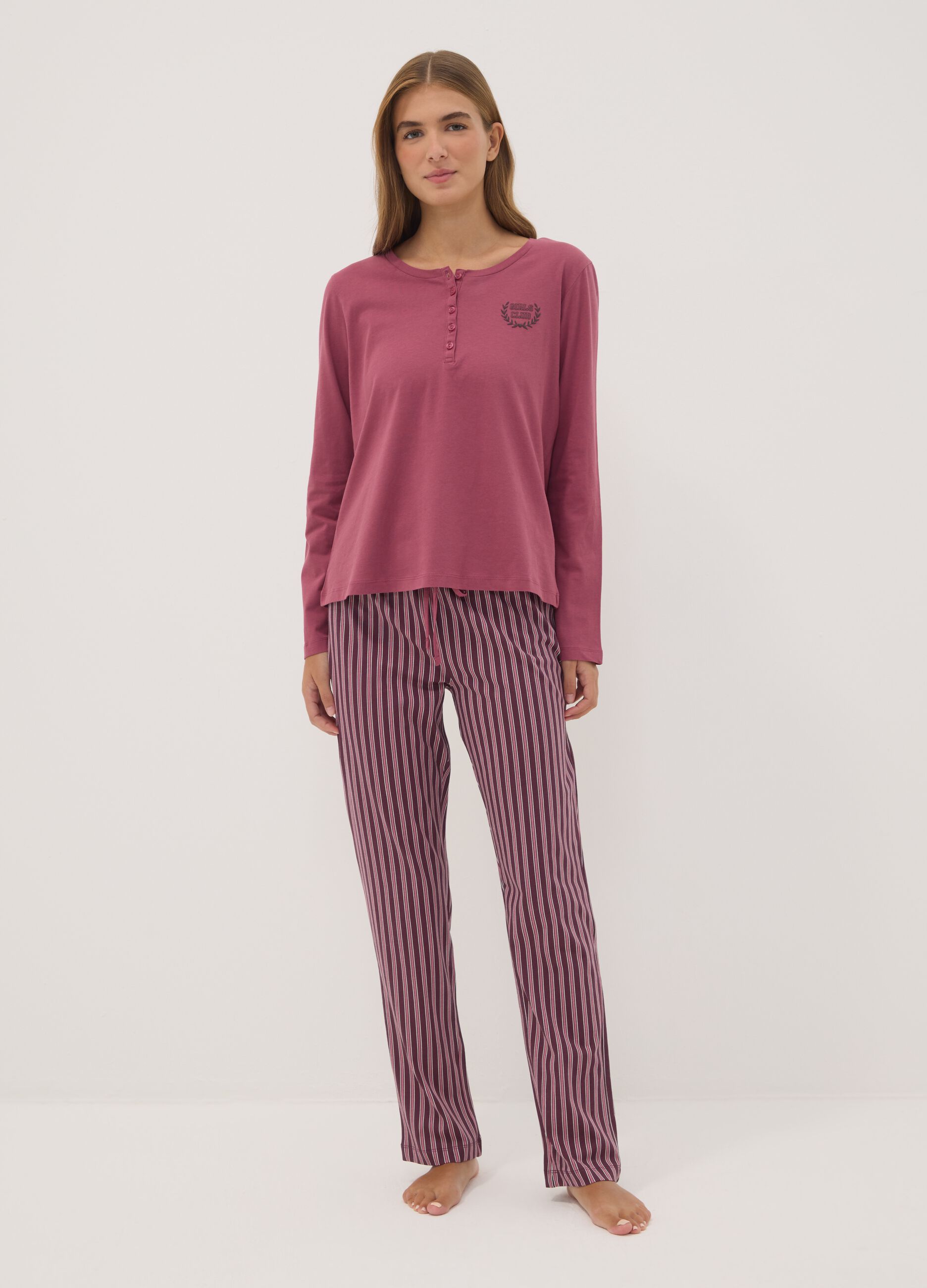 Pink pure organic cotton pyjamas with Henley neckline