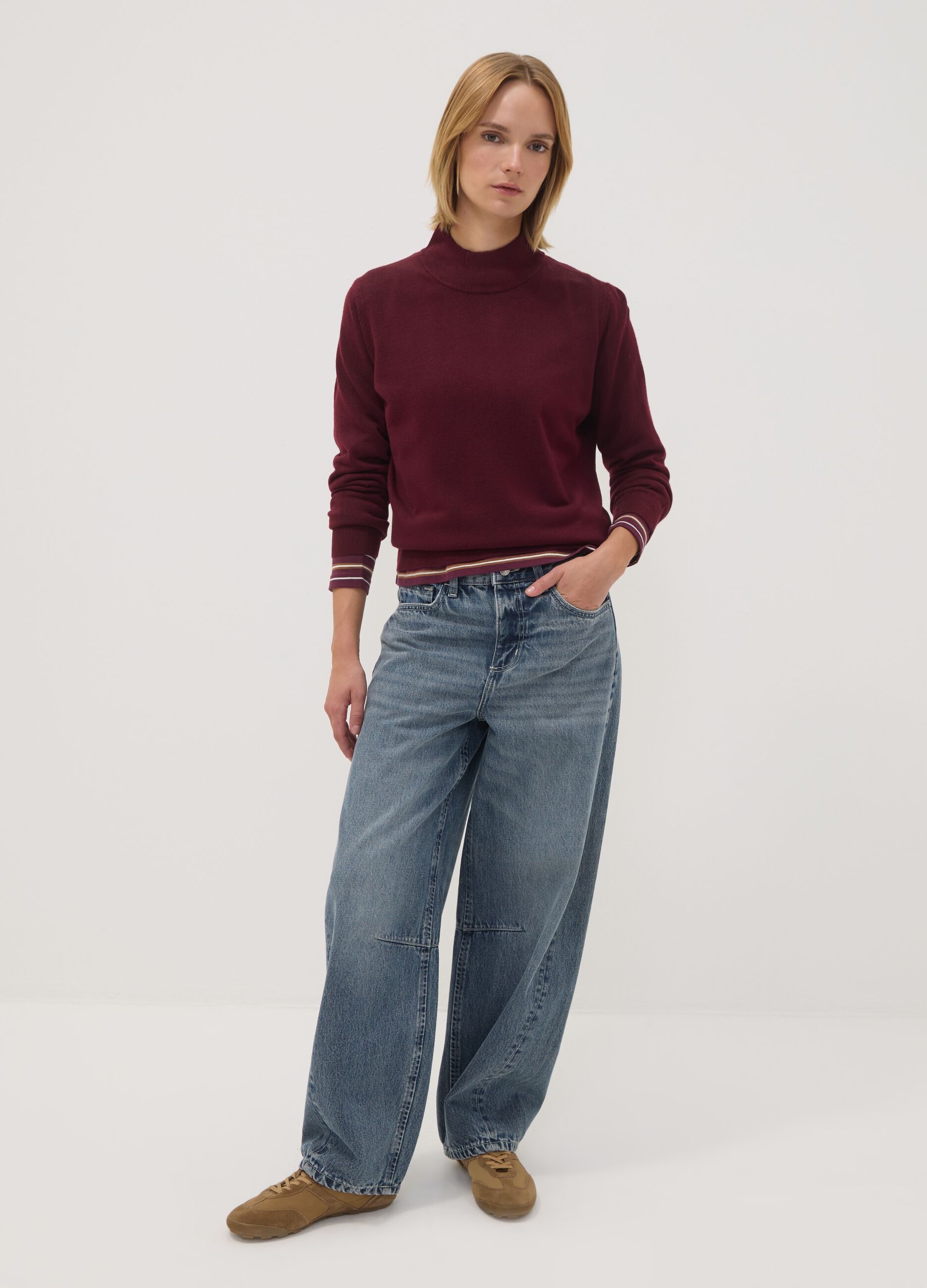 Purple long-sleeved top with high neck, regular fit