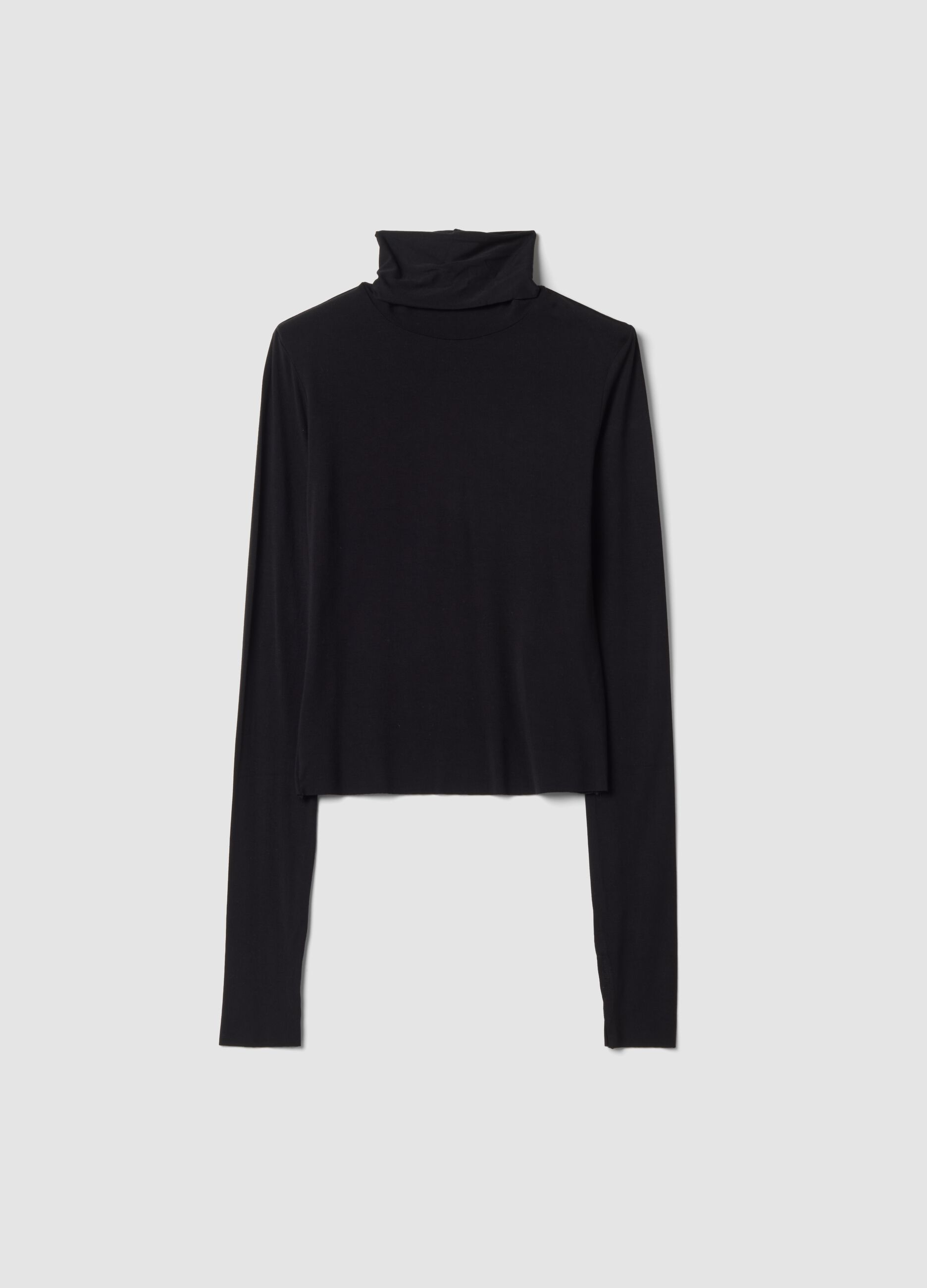 Black stretch viscose top with stand-up collar, slim fit