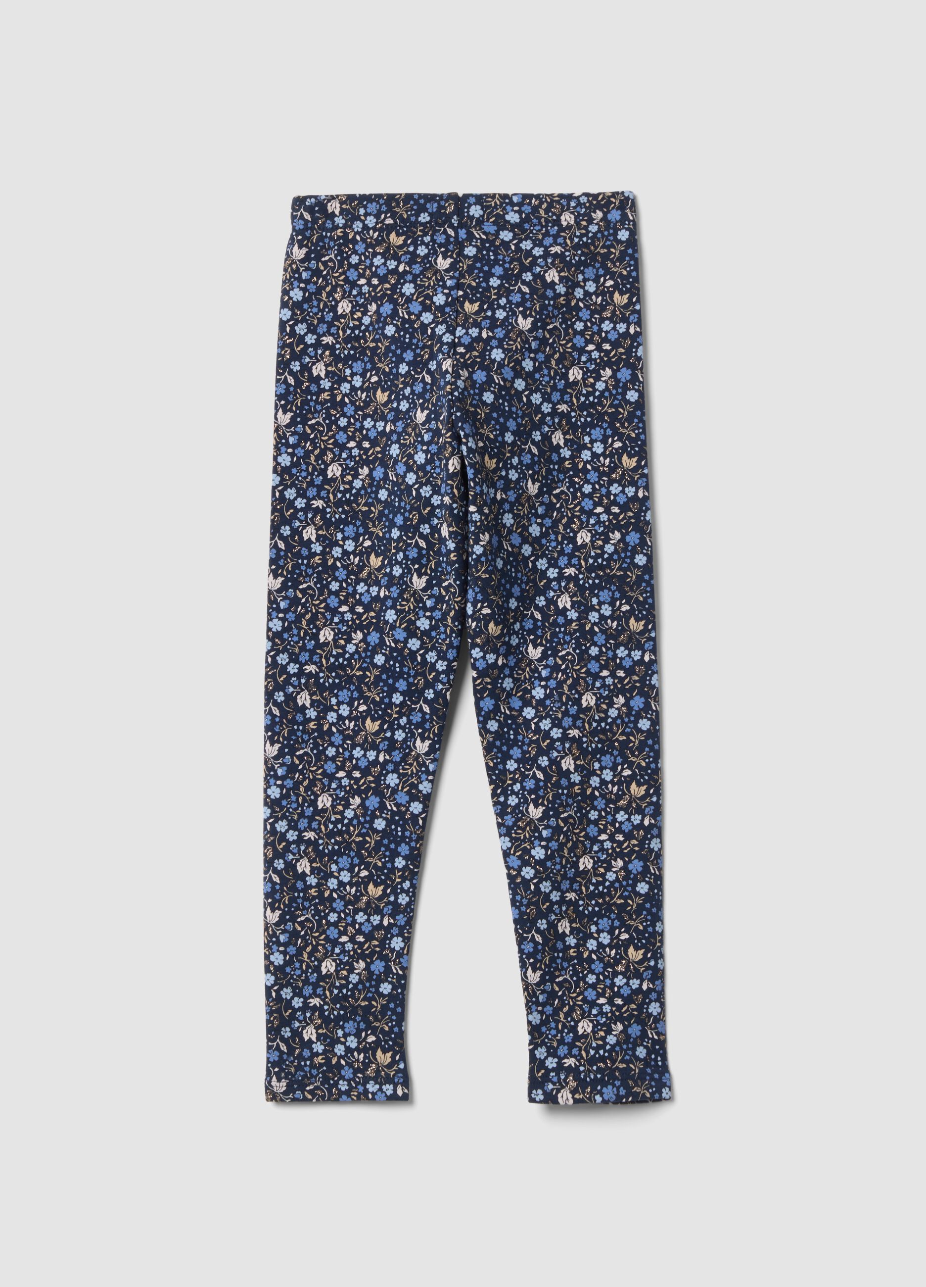 Leggings blu skinny in cotone organico elasticizzato con fantasia floreale