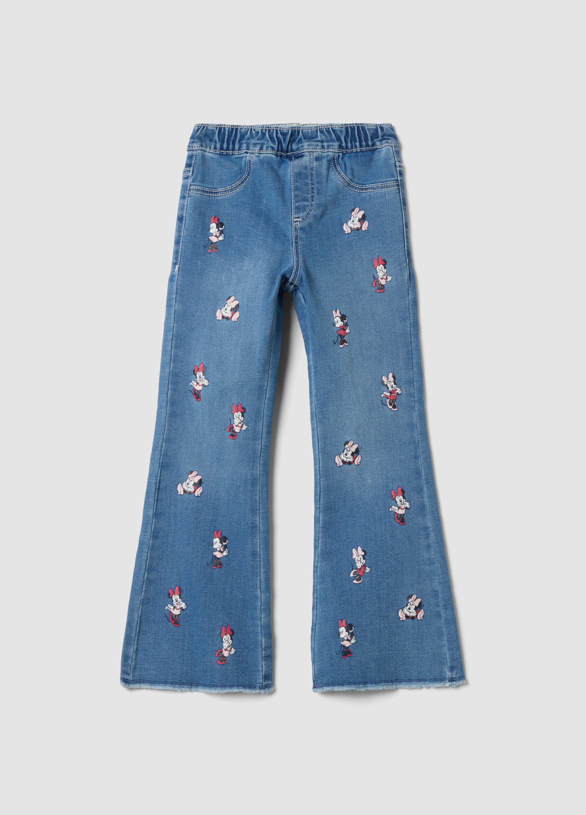 Jeggings blu flare fit in cotone e viscosa elasticizzata con stampa Minnie