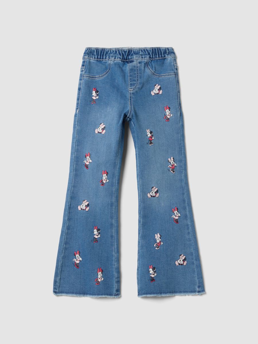 Jeggings blu flare fit in cotone e viscosa elasticizzata con stampa Minnie_0