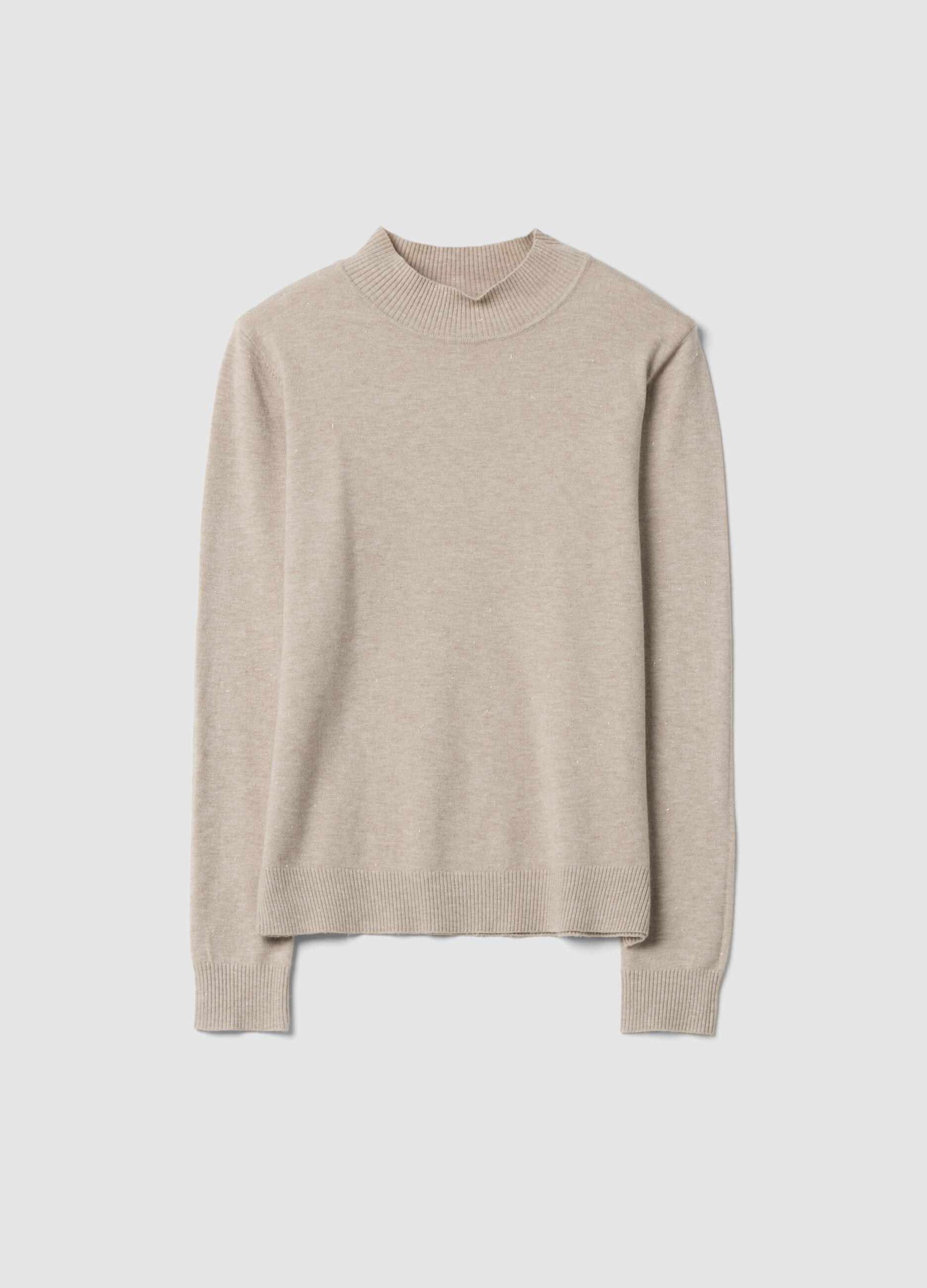 Beige viscose-blend jumper with high neck, regular fit