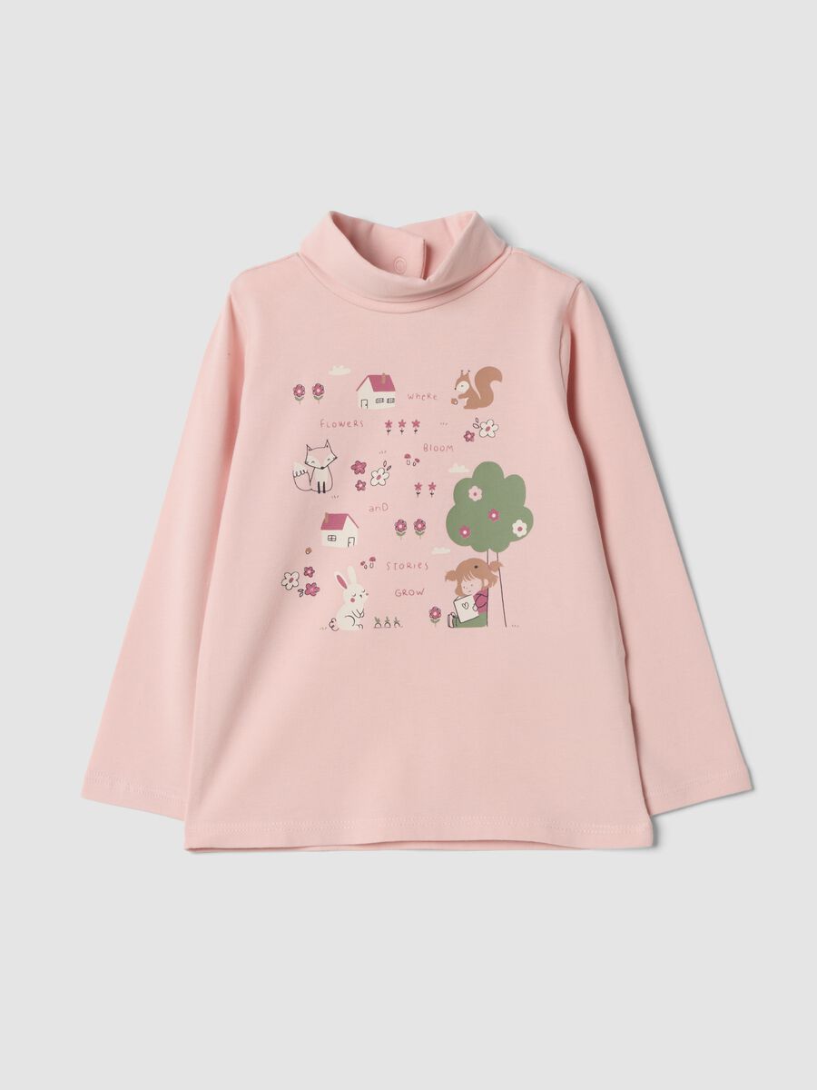 Maglietta rosa in cotone organico elasticizzato con stampa regular fit_0