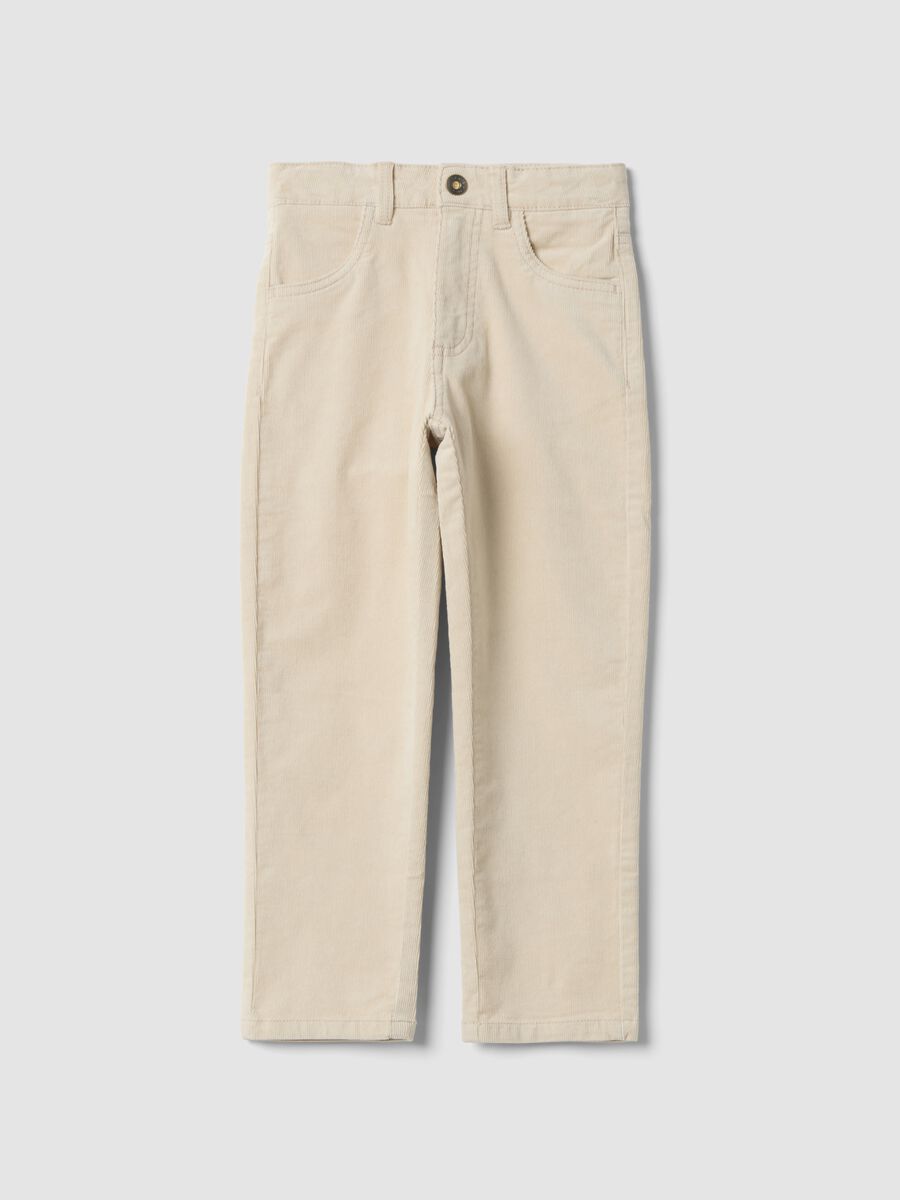Beige ribbed stretch cotton trousers_0
