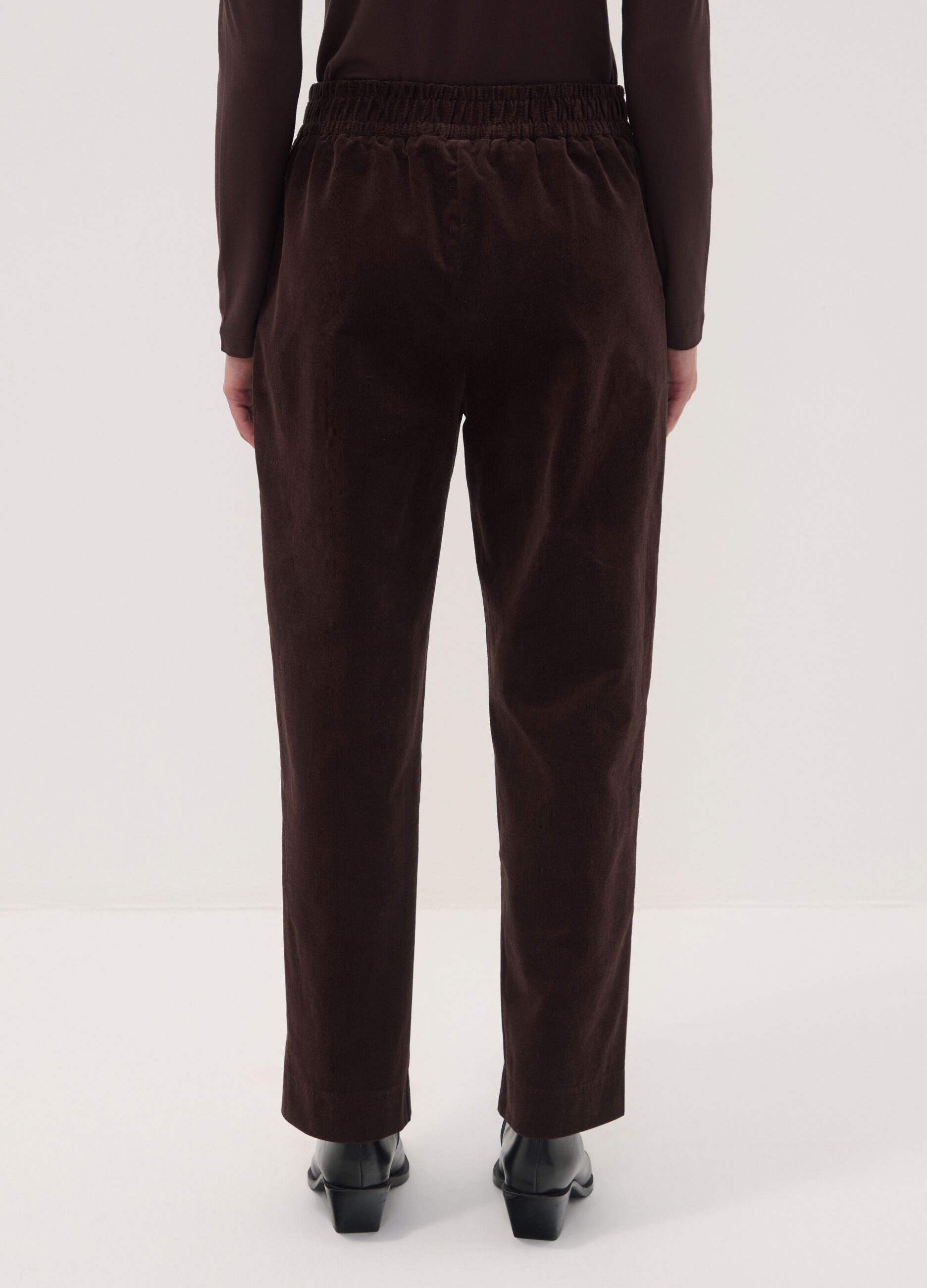 Brown ribbed stretch-cotton trousers with elasticated waistband
