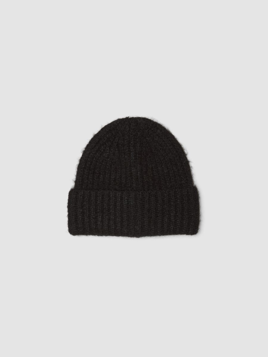 Black ribbed stretch wool beanie_0