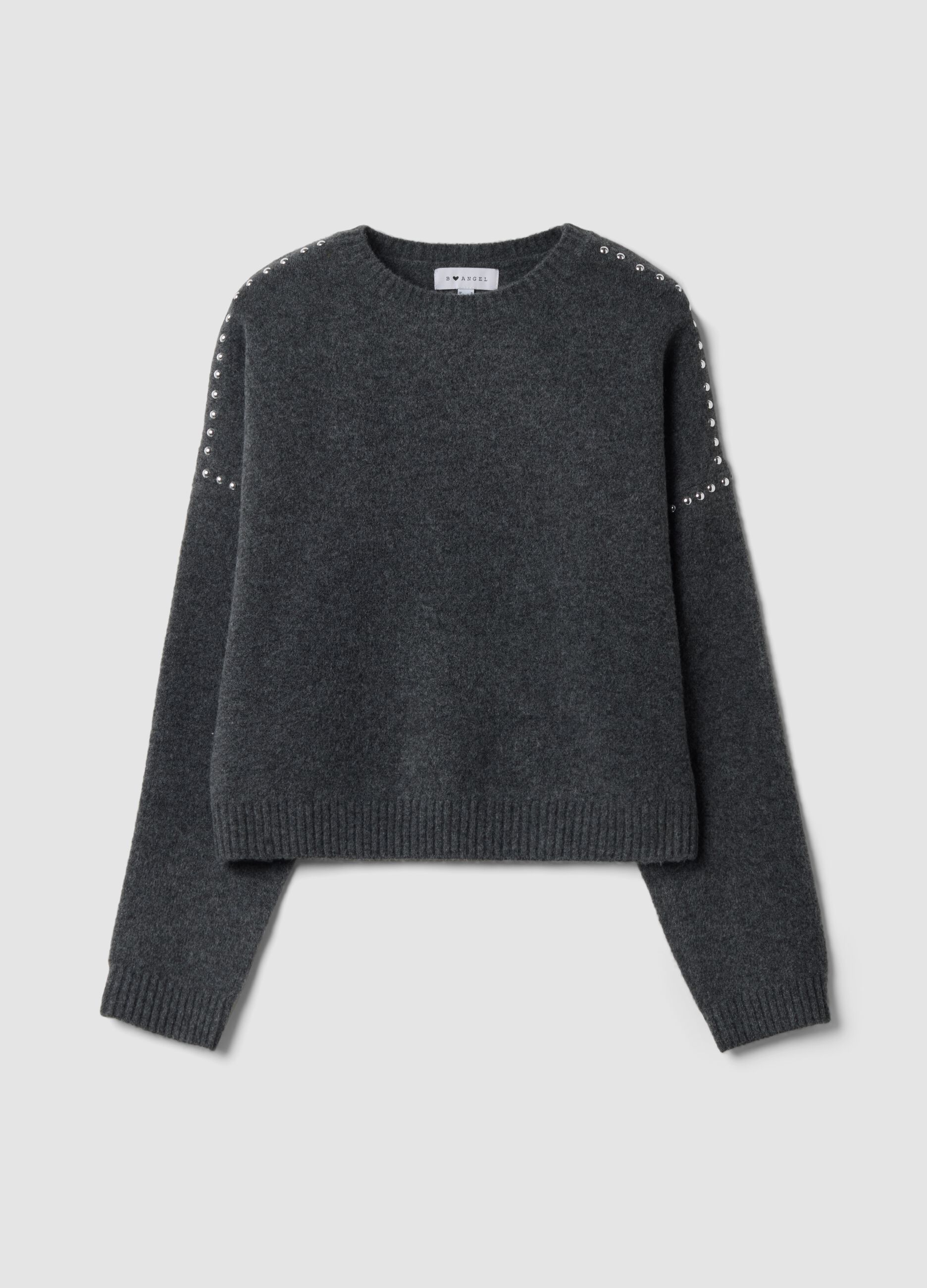 Grey stretch wool jumper with studded trims