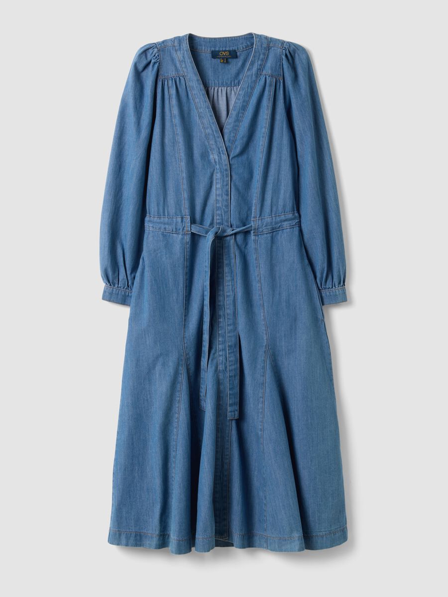 Blue pure cotton denim dress with deep V-neck regular fit_4